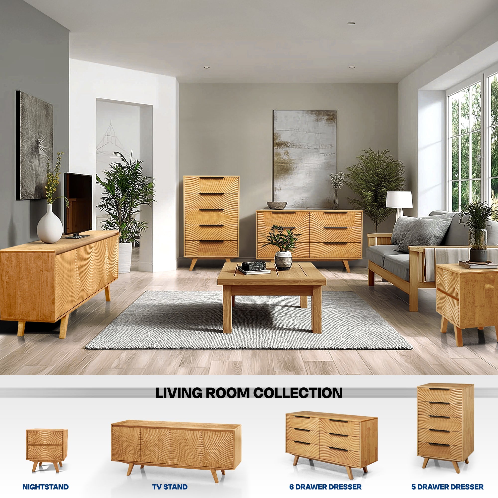Harmony Solid Wood Dresser with 5 Drawers Megsu