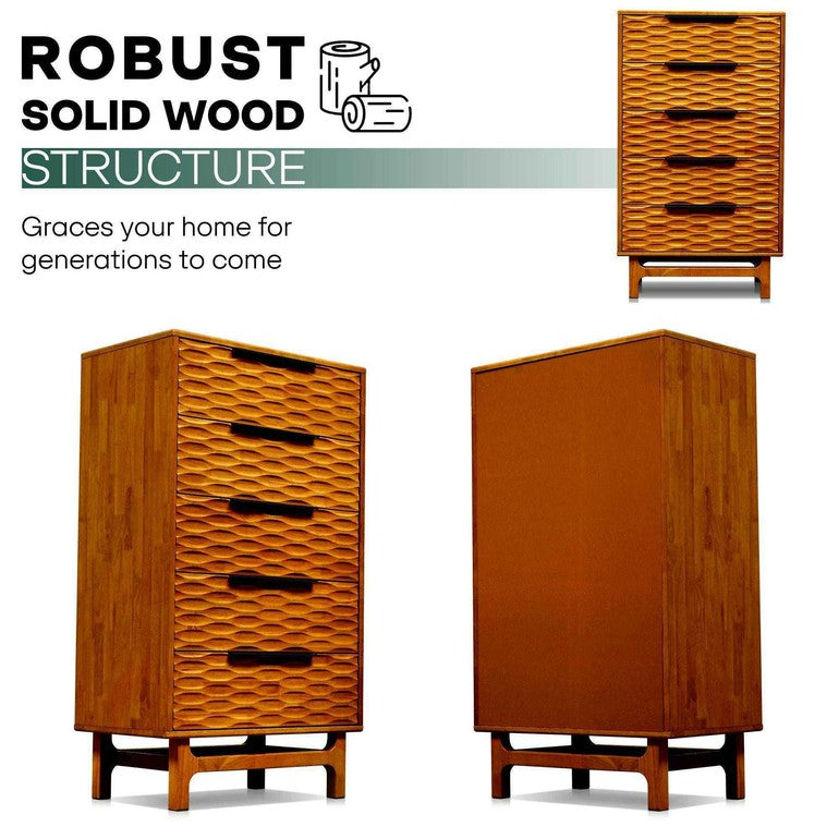 Elara Solid Wood Dresser with 5 Drawers Megsu