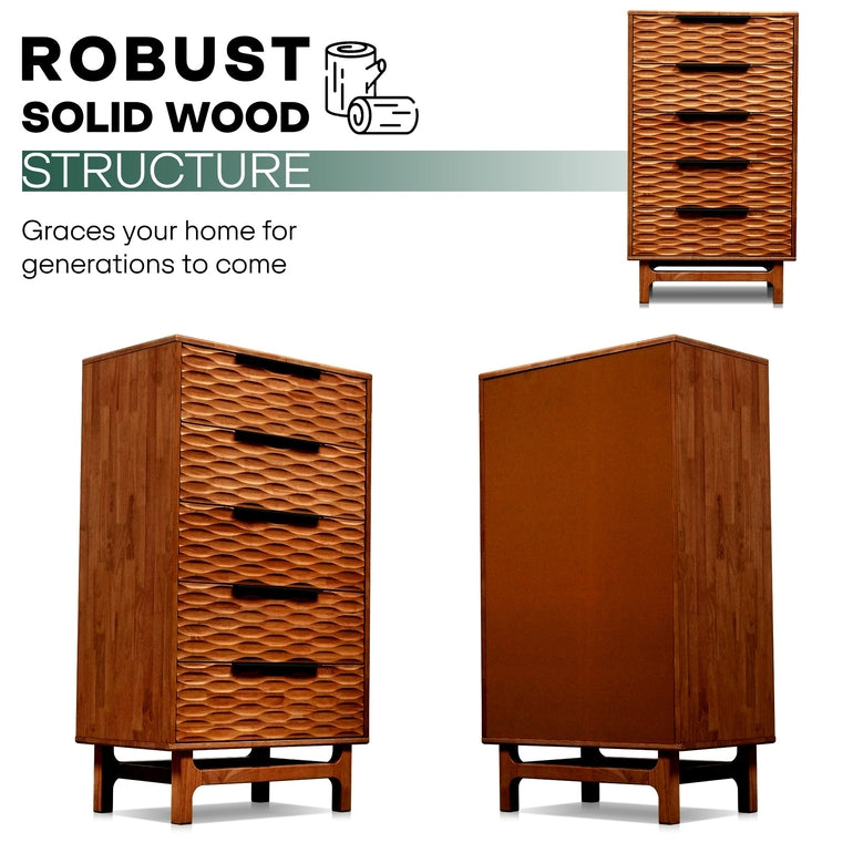 Elara Solid Wood Dresser with 5 Drawers Megsu