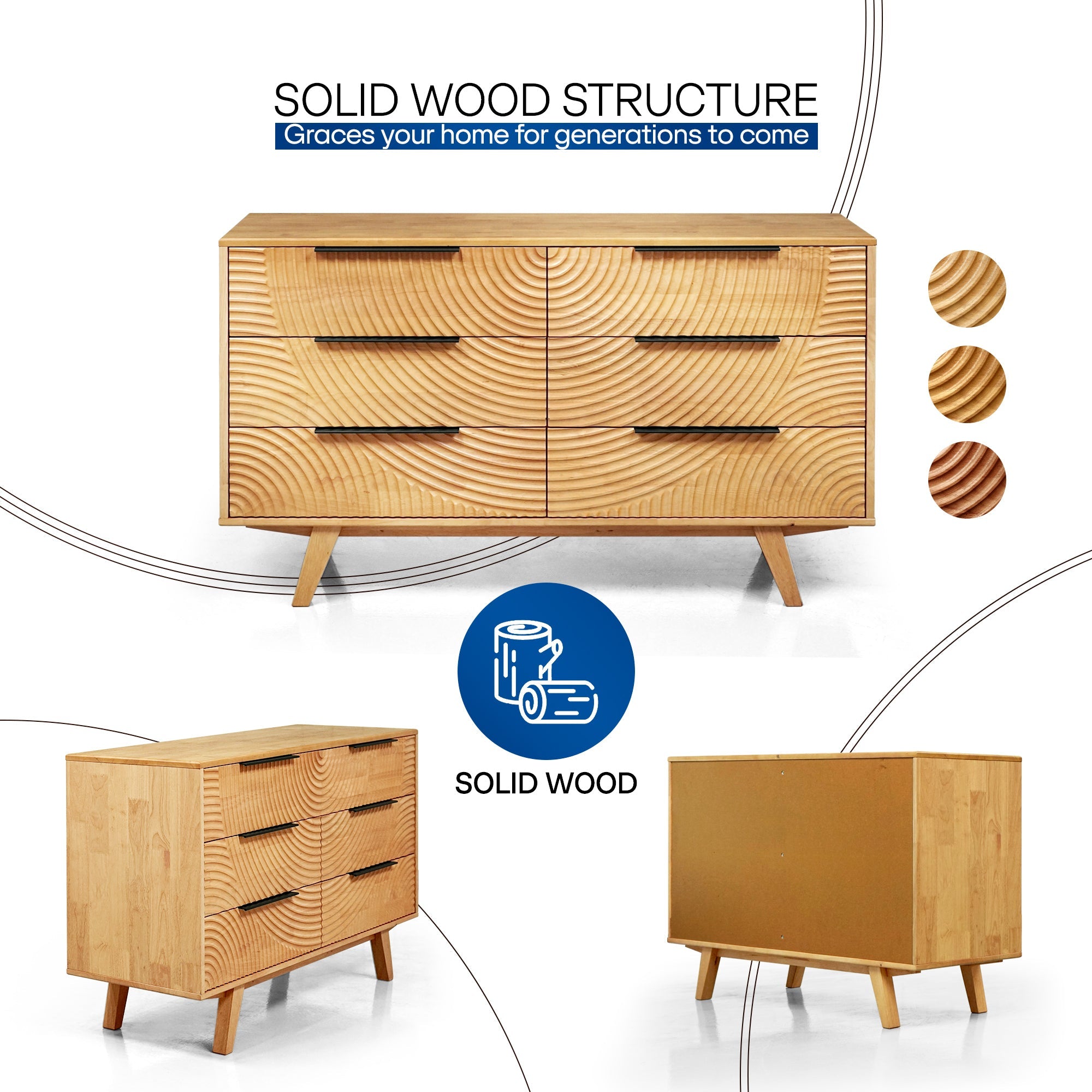 Harmony Solid Wood Dresser with 6 Drawers Megsu
