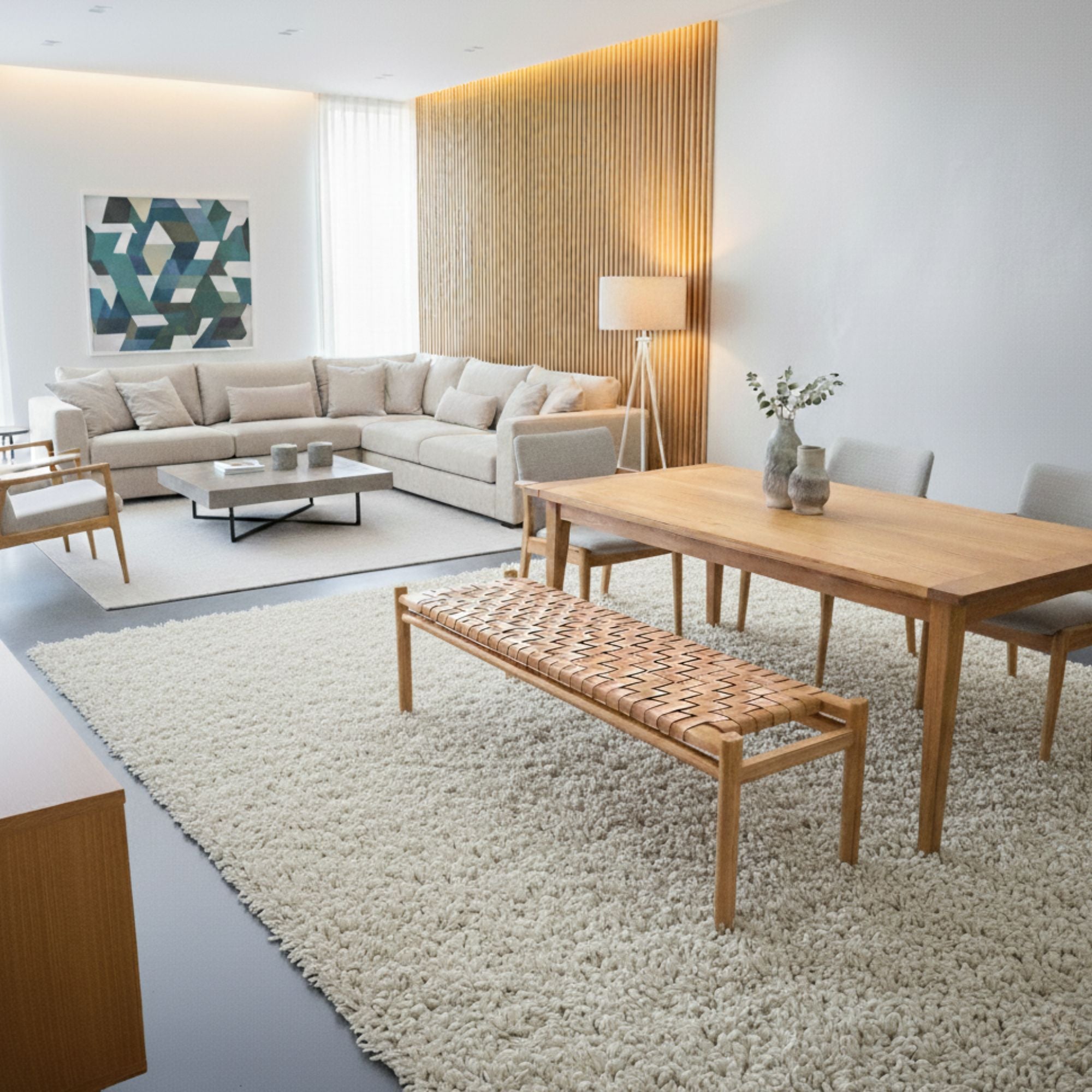 Halden Woven Leather Bench – Matte Finish Teak & Beige Leather