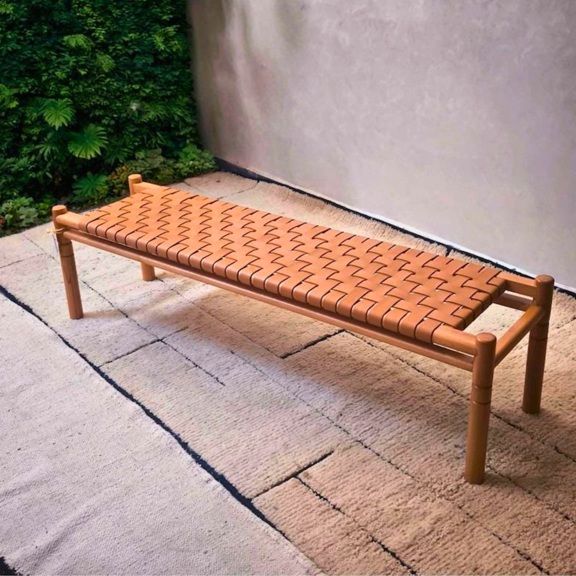 Halden Woven Leather Bench – Matte Finish Teak & Beige Leather