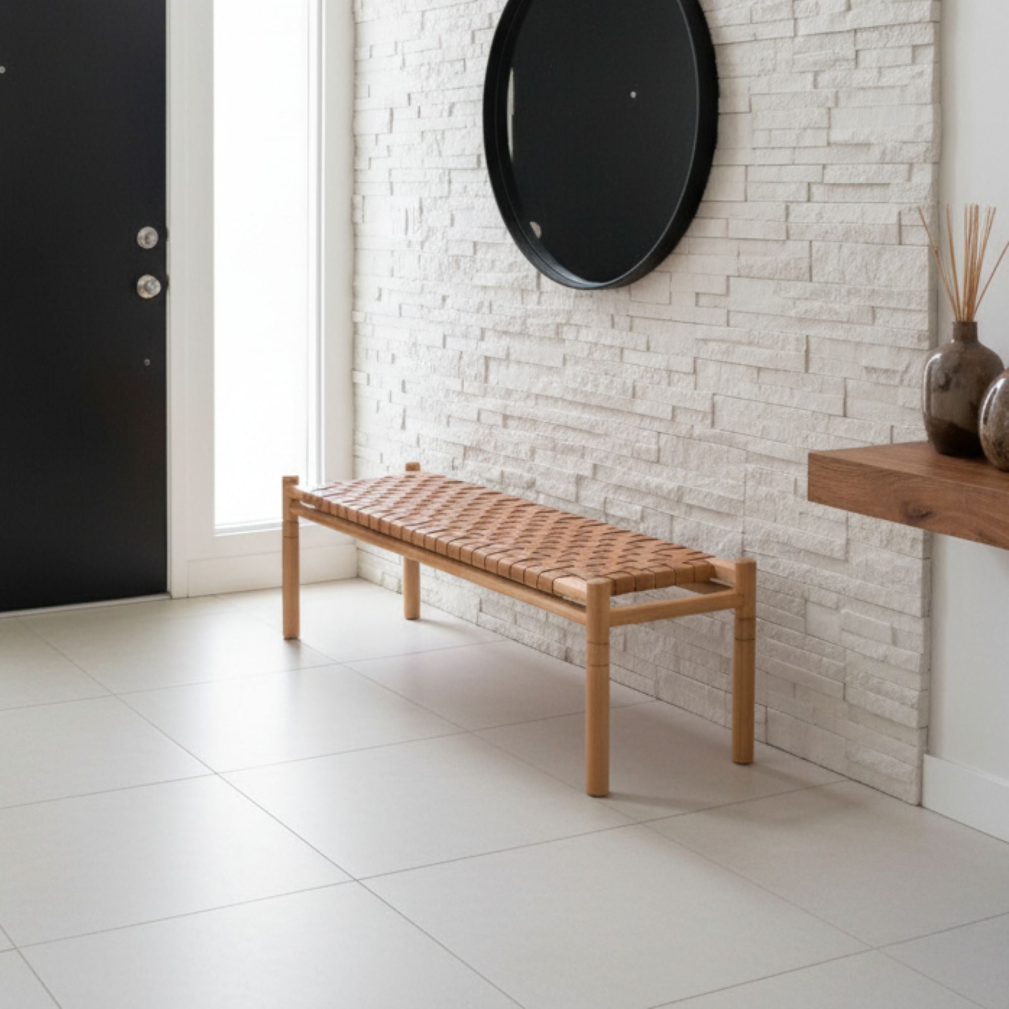 Halden Woven Leather Bench – Matte Finish Teak & Beige Leather