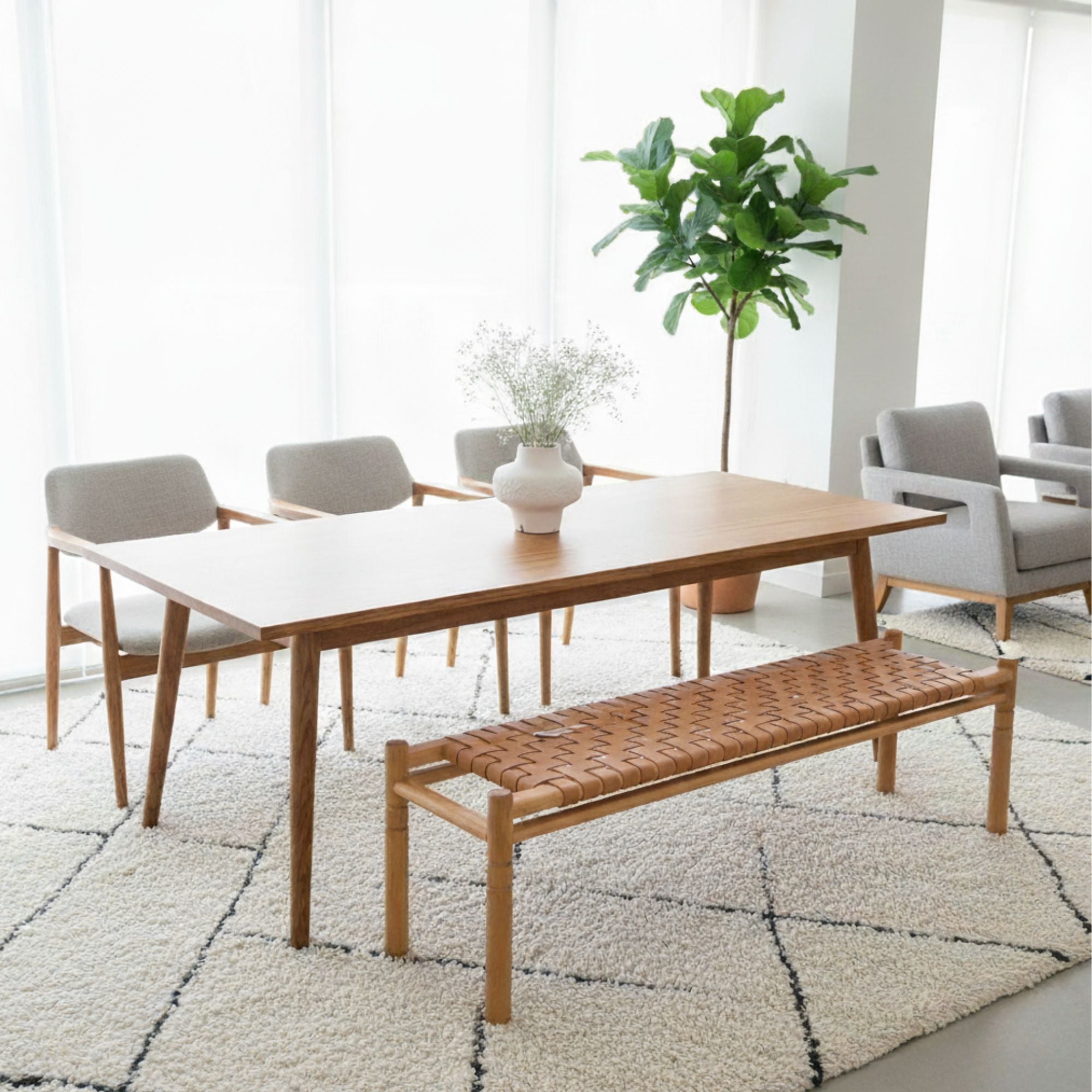 Halden Woven Leather Bench – Matte Finish Teak & Beige Leather