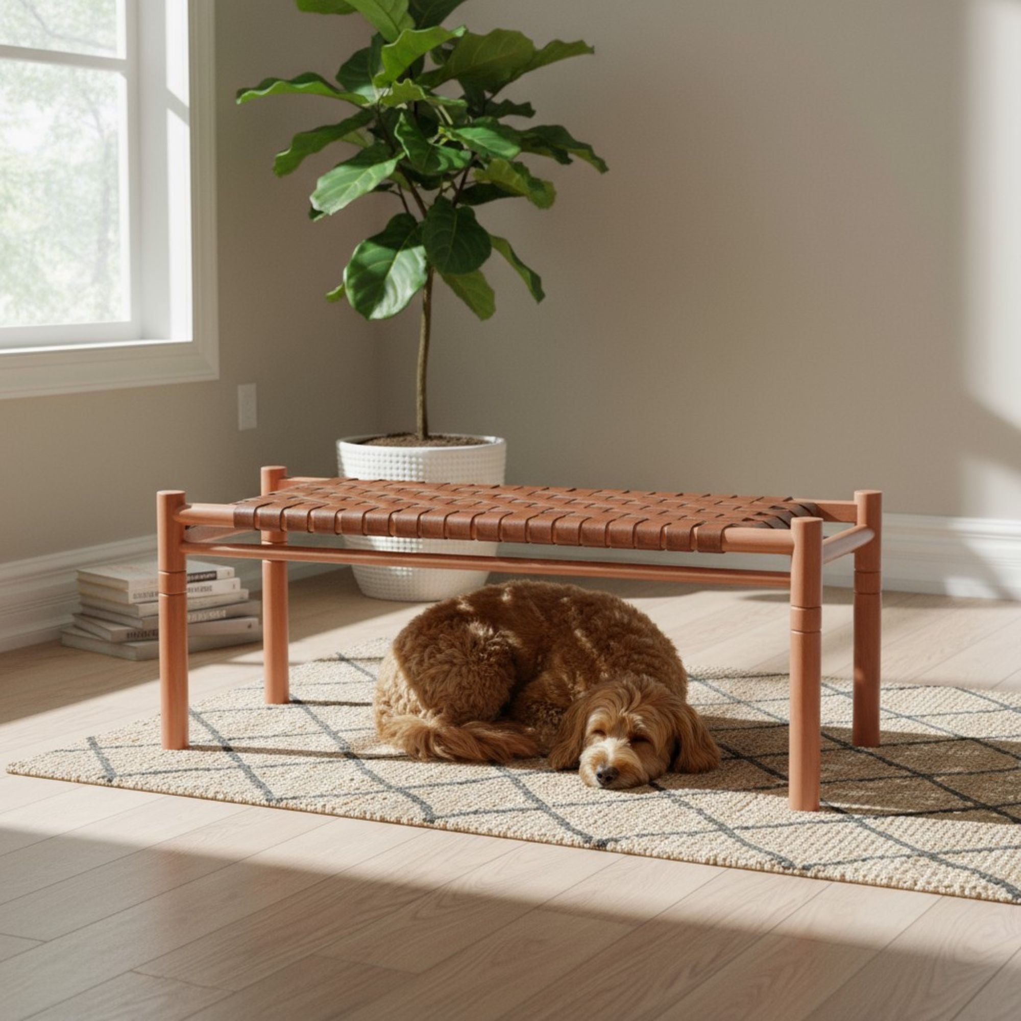 Halden Entryway Leather Bench – Cognac Finish Teak & Cognac Leather