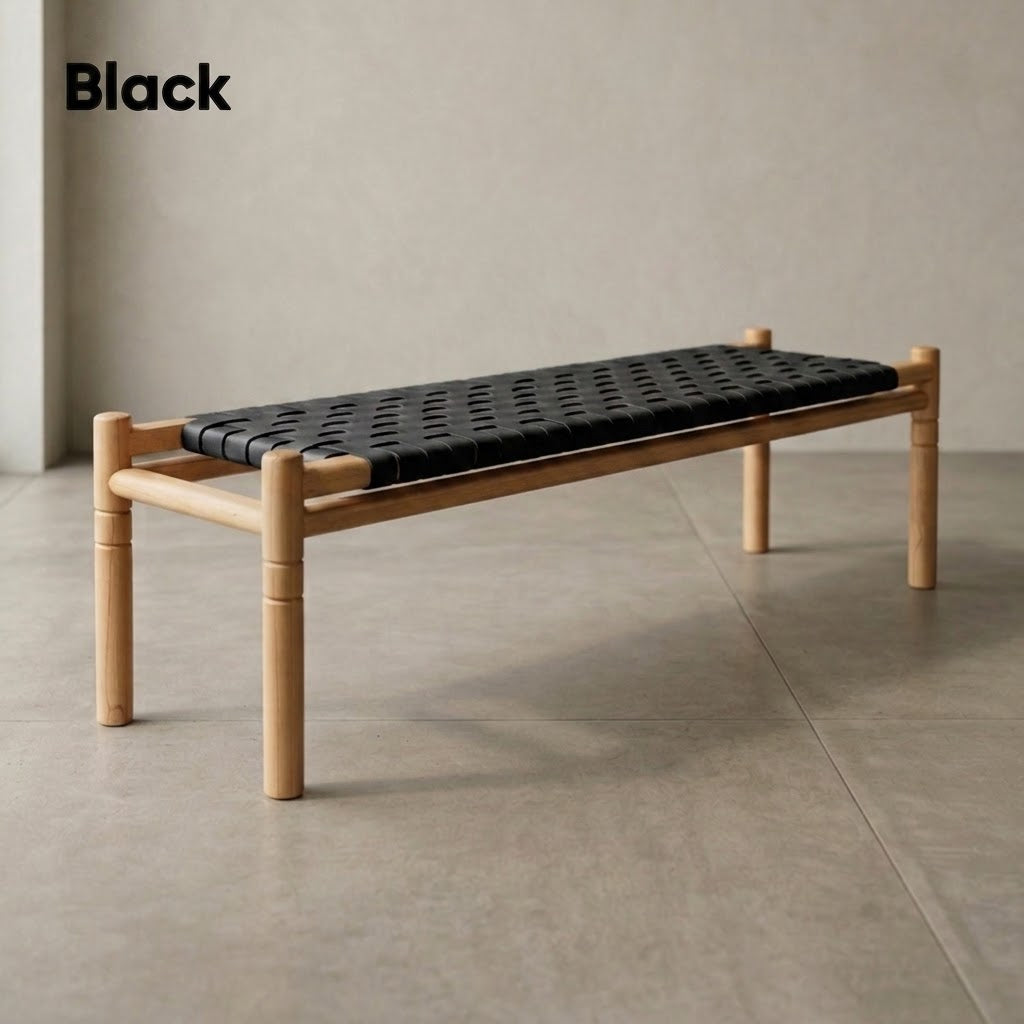 Halden Woven Leather Bench – Matte Finish Teak & Beige Leather