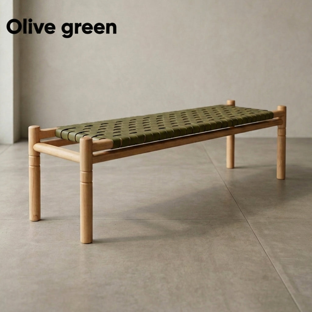 Halden Woven Leather Bench – Matte Finish Teak & Beige Leather