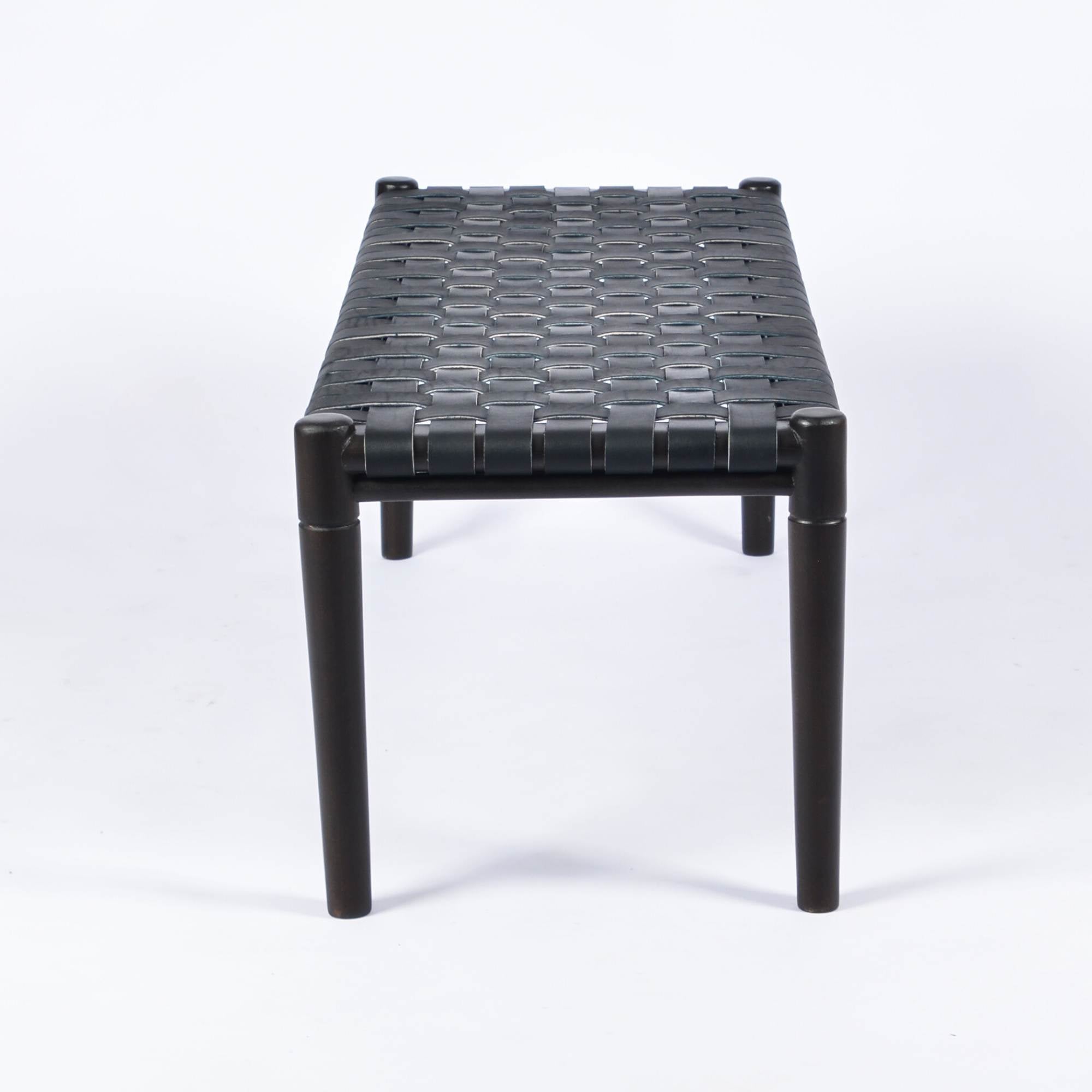 Helga Woven Leather Bench Black Teak Wood With Black Strap Leather