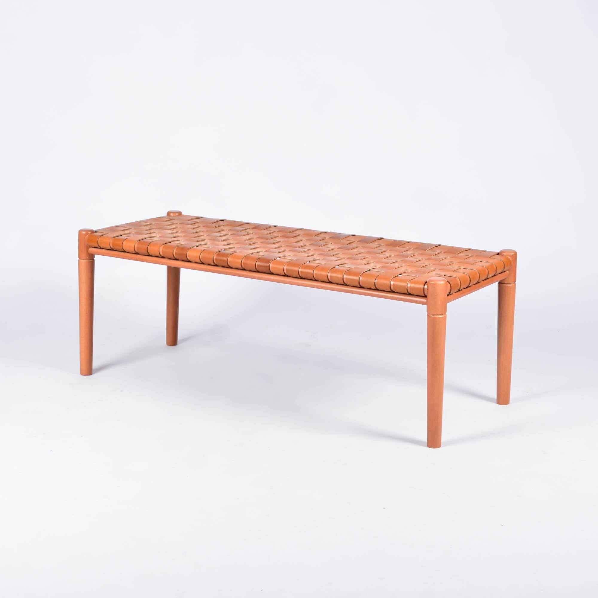 Helga Woven Brown Cognac Leather Bench Cognac Teak Wood - LuxoraCraft