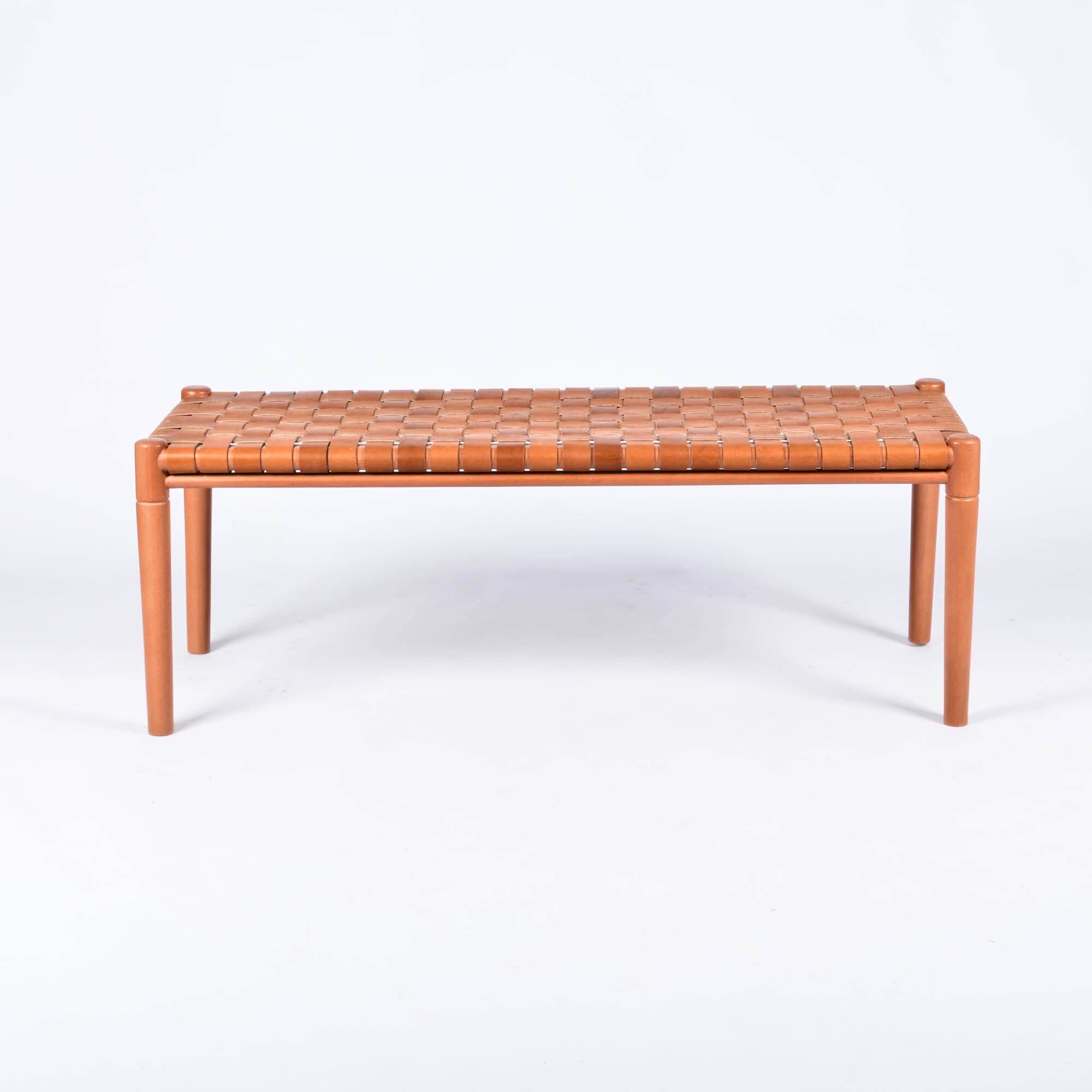 Helga Cognac Teak Woven Leather Bench Brown Strap Design - LuxoraCraft