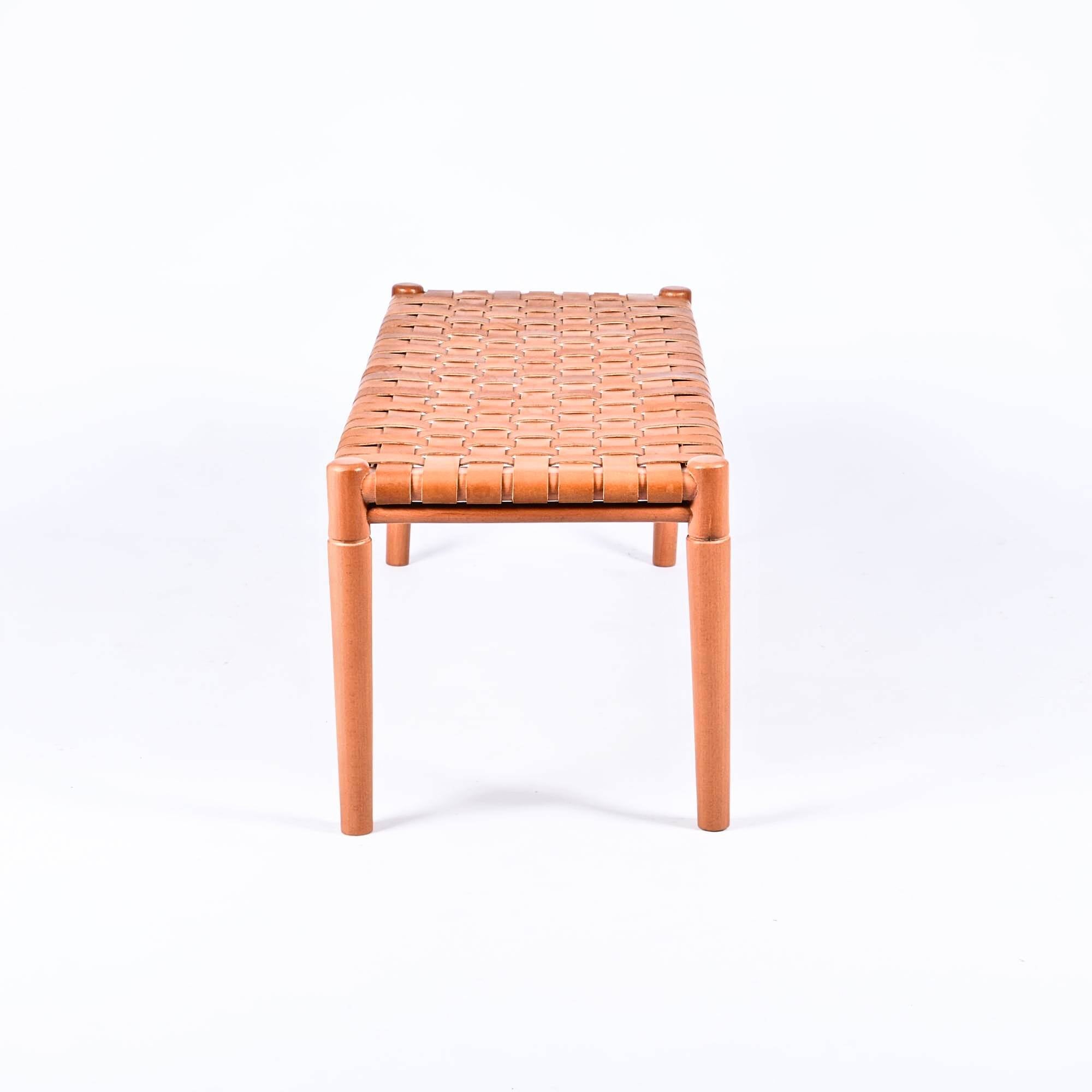 Helga Woven Leather Bench Cognac Wood Brown Strap Side View - LuxoraCraft