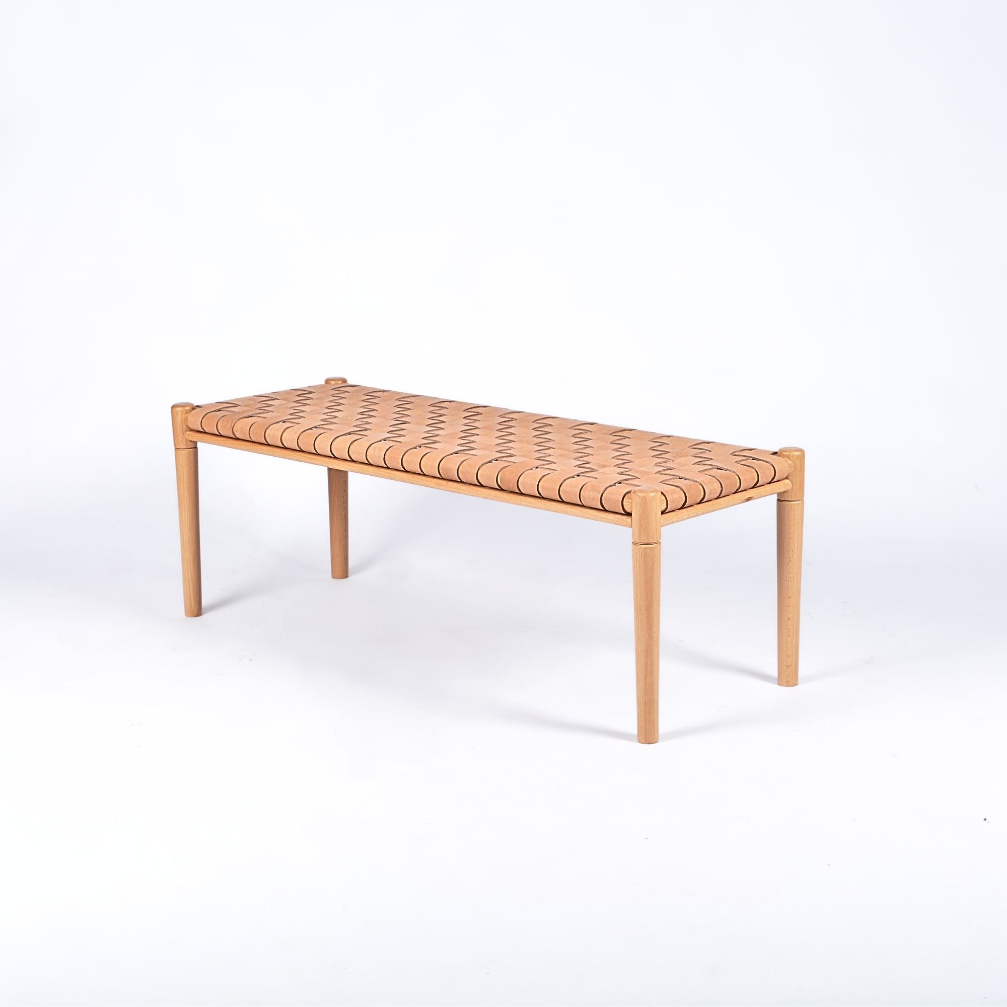 Helga Woven Leather Bench Beige Strap Natural Wood Moroccan - LuxoraCraft