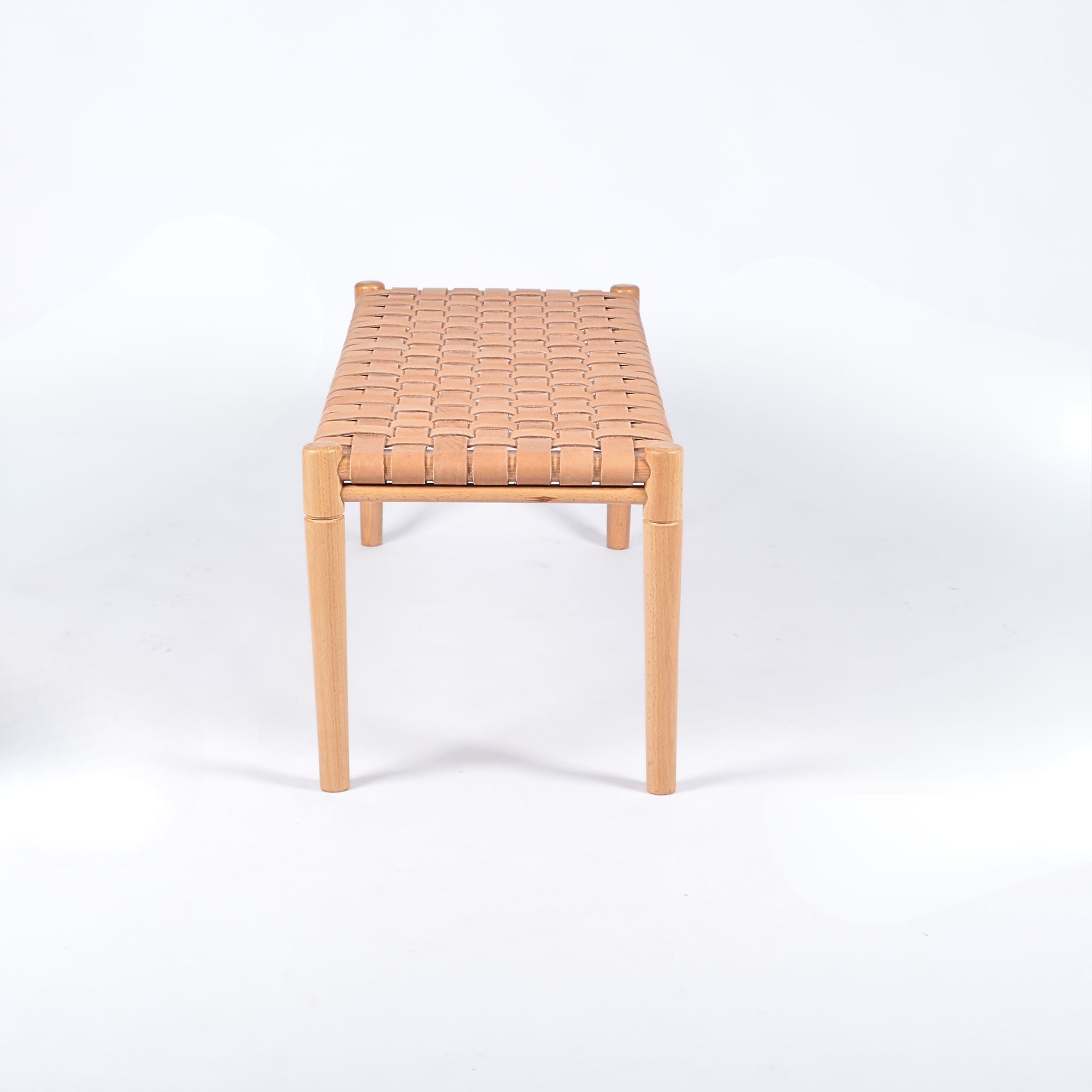 Helga Woven Leather Bench Natural Teak Wood Side View - LuxoraCraft