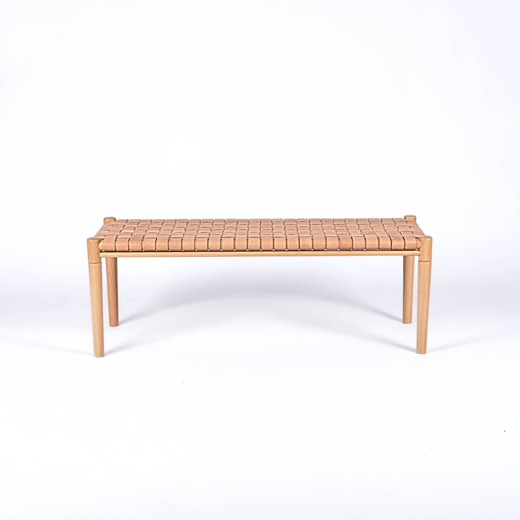 Helga Woven Beige Leather Bench Natural Teak Wood Design - LuxoraCraft