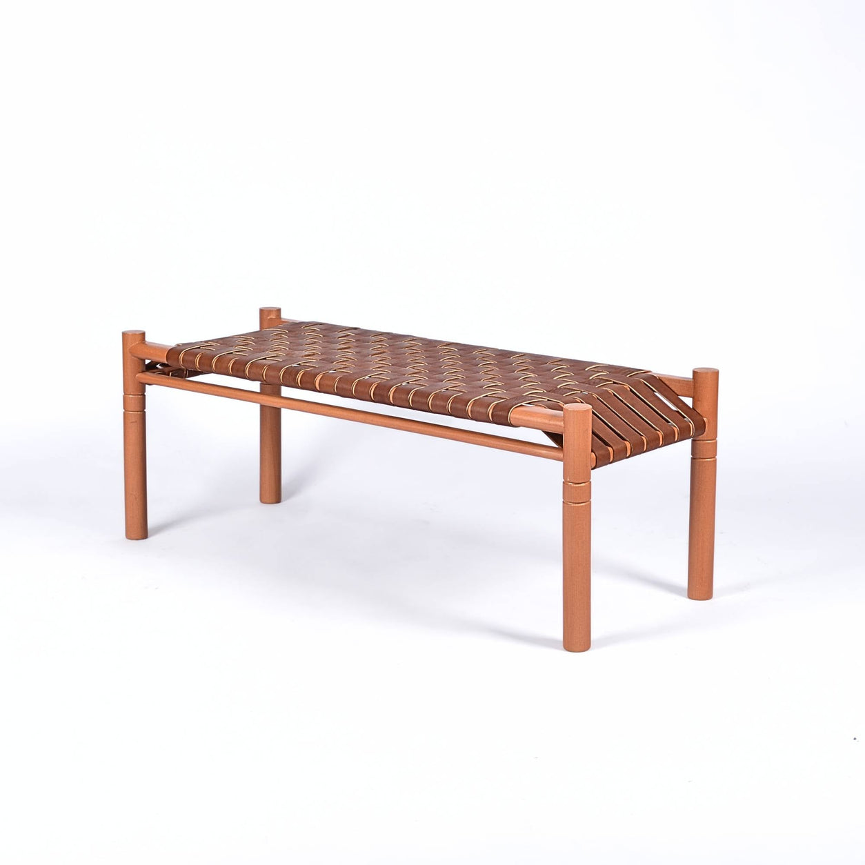 Hilda Woven Leather Bench Brown Cognac Strap Cognac Teak - LuxoraCraft