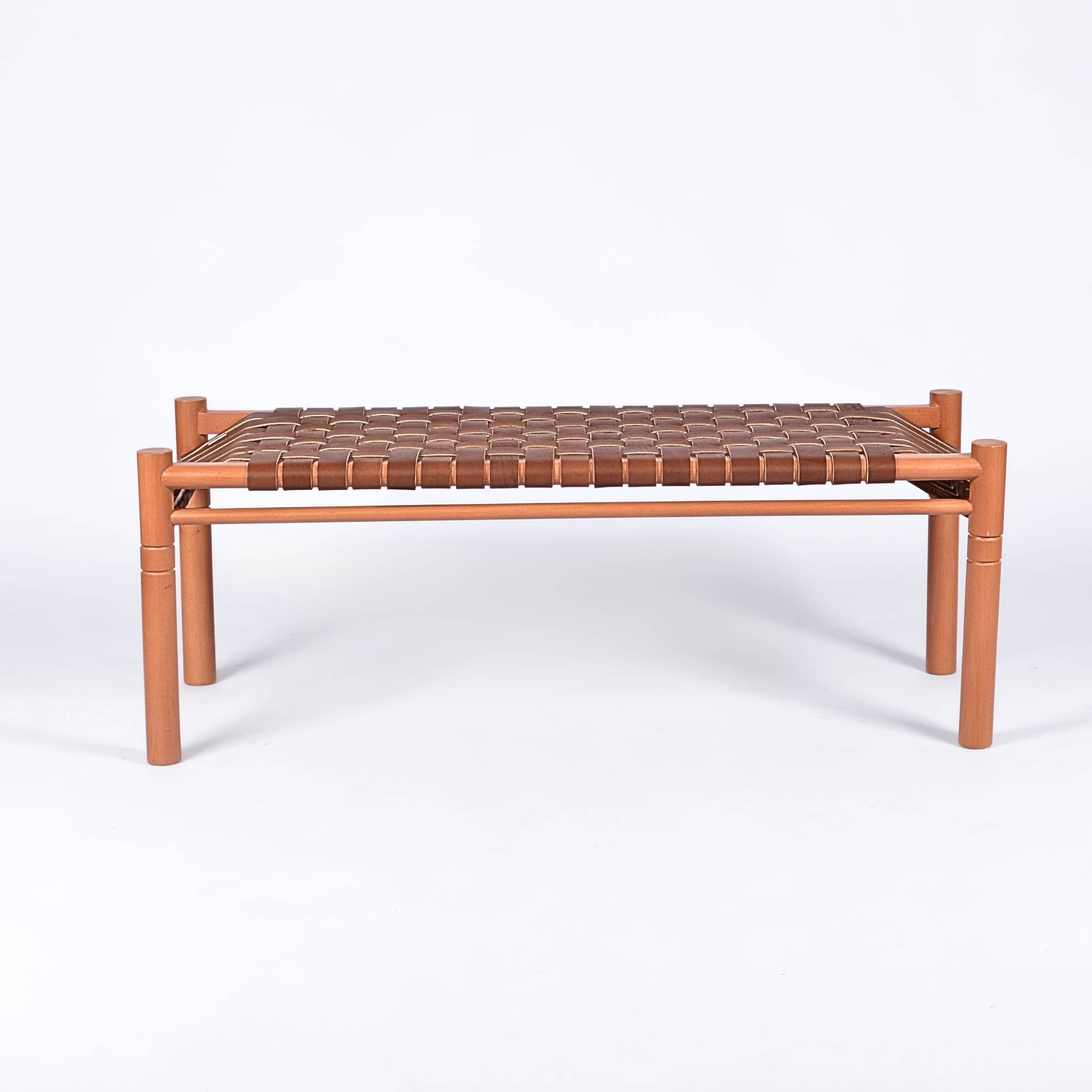 Hilda Woven Leather Bench Cognac Teak Wood With Brown Cognac Strap Leather