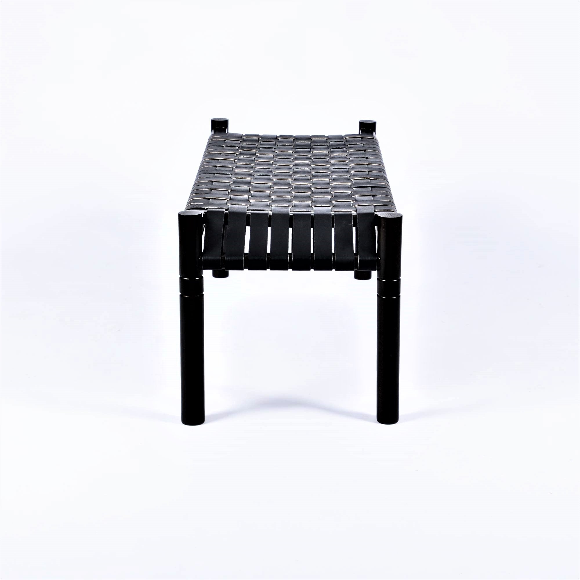 Hilda Black Teak Wood Woven Leather Bench Black Strap - LuxoraCraft