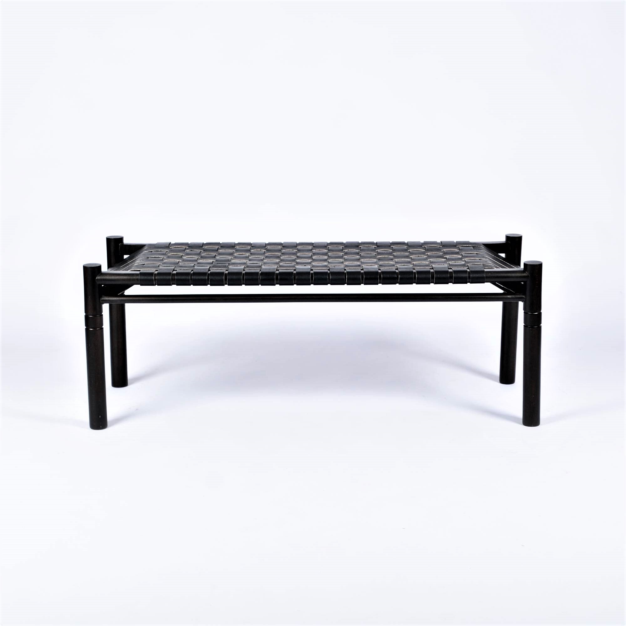Hilda Woven Black Leather Bench Black Teak Frame Side - LuxoraCraft
