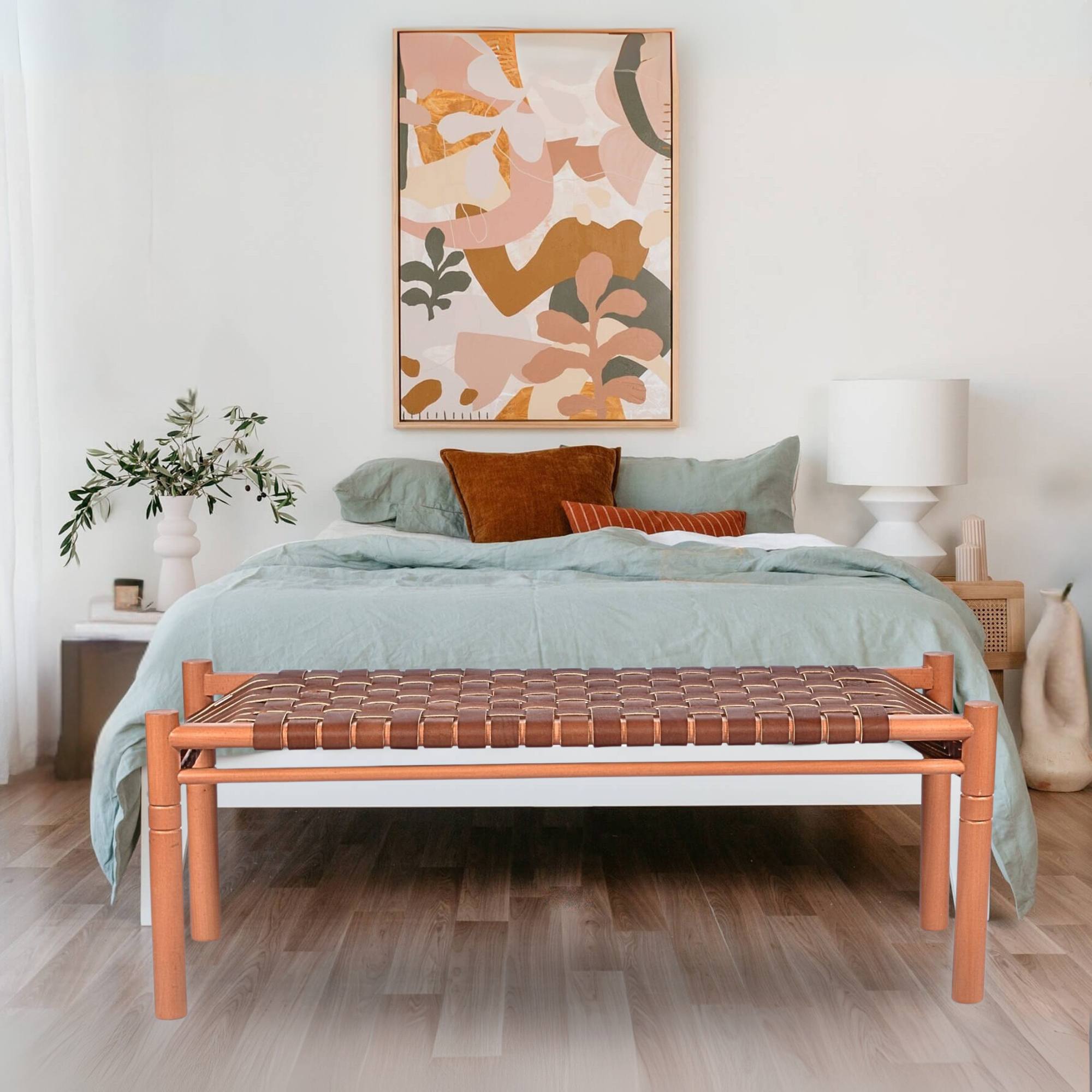 Woven Leather Bench – Brown Cognac Strap Leather Seat on Cognac Teak Wood Frame