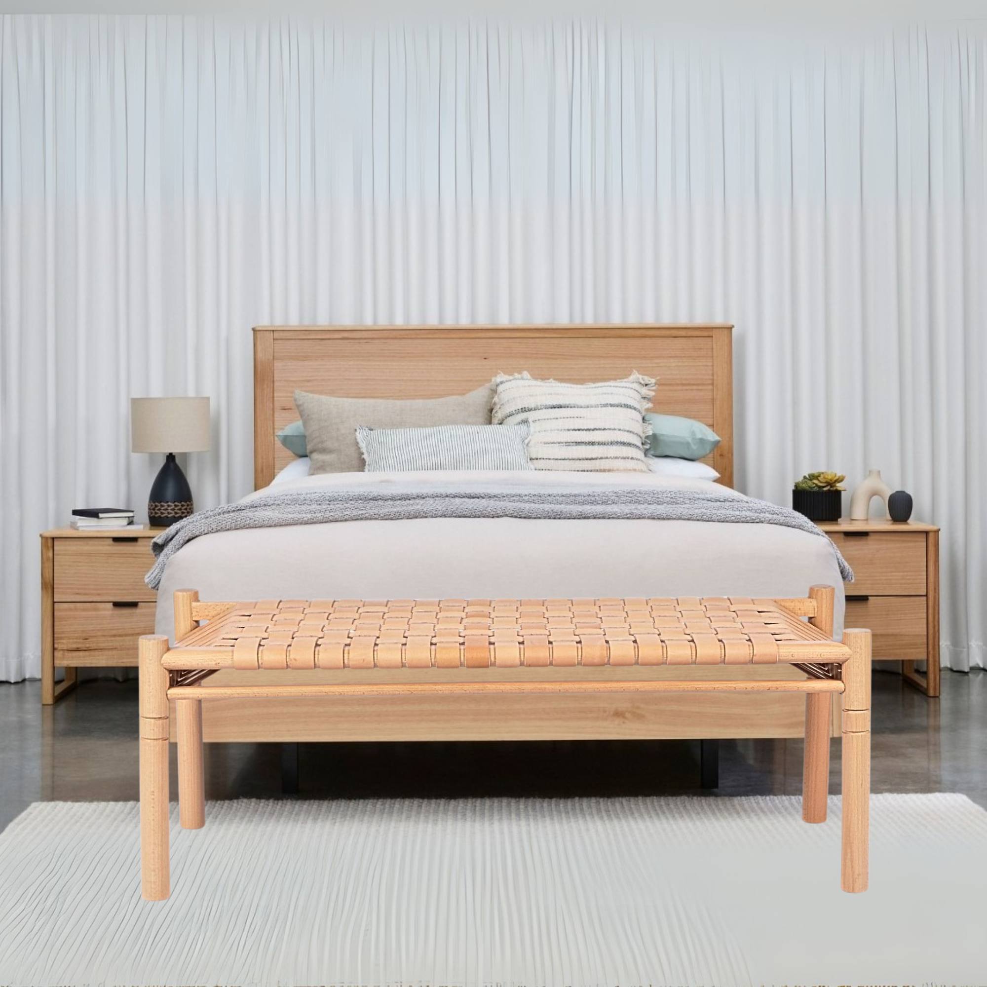 Woven Leather Bench – Beige Strap Leather Seat on Varnished Teak Wood Frame