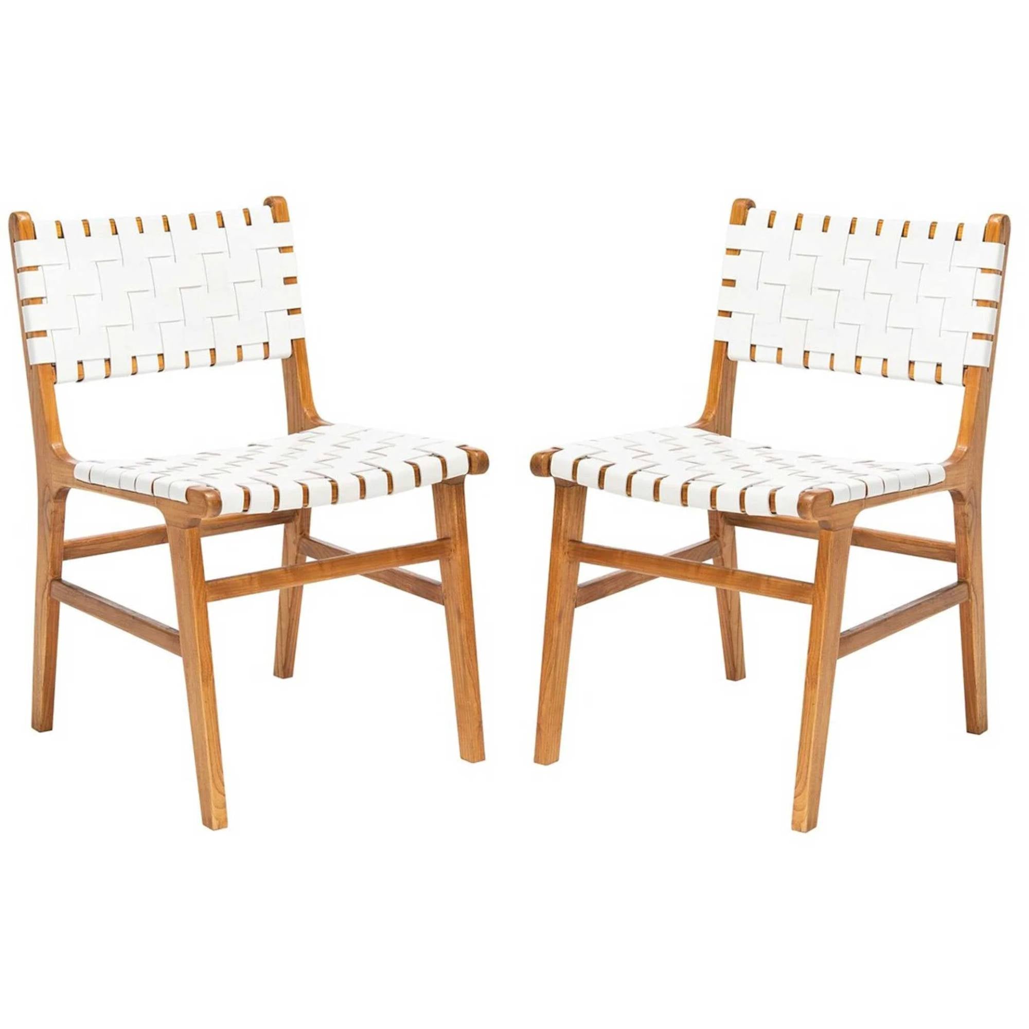 Two wooden chairs with white woven seats and backrests on a white background
