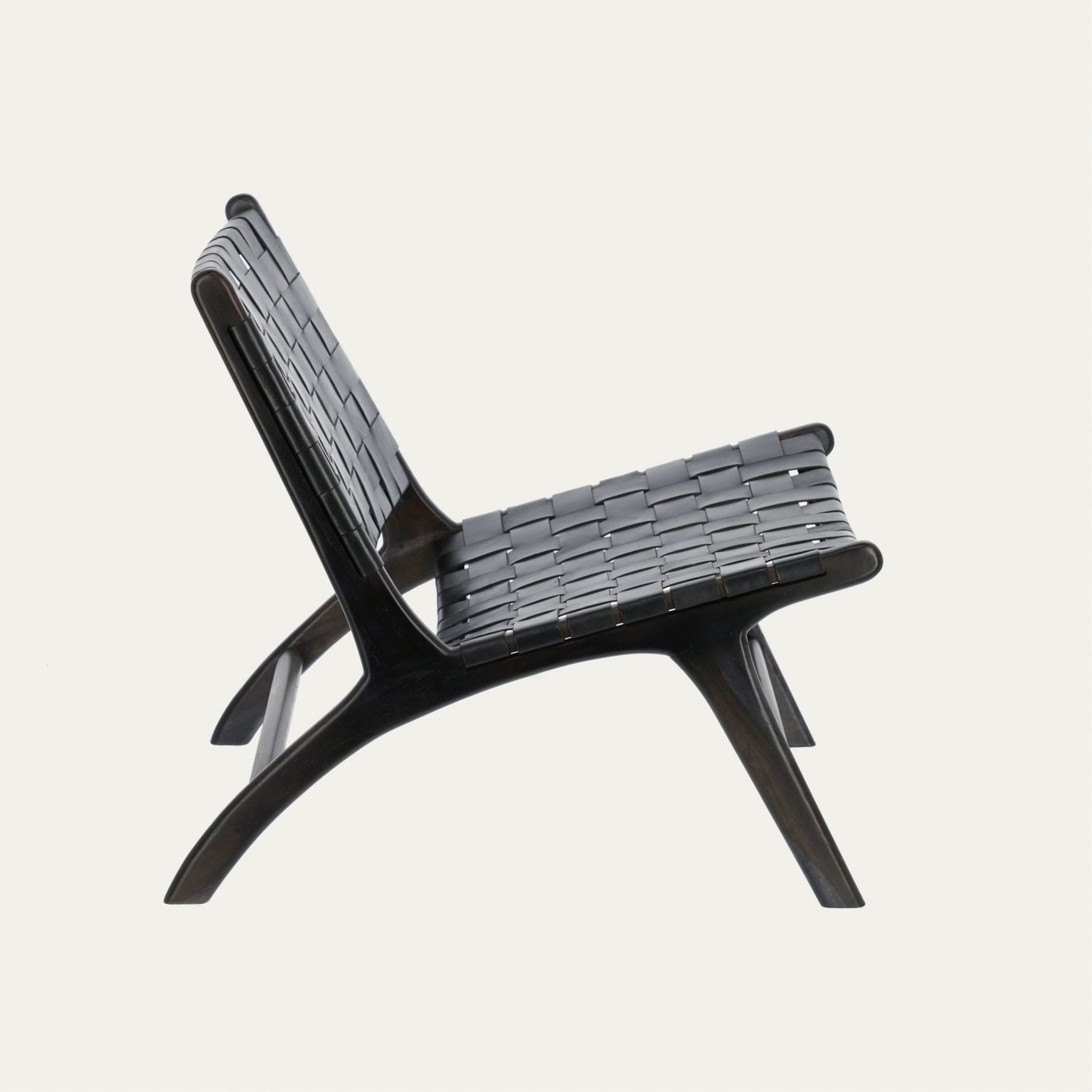 Black Woven Leather Lounge Chair Teak Wood Side View - LuxoraCraft