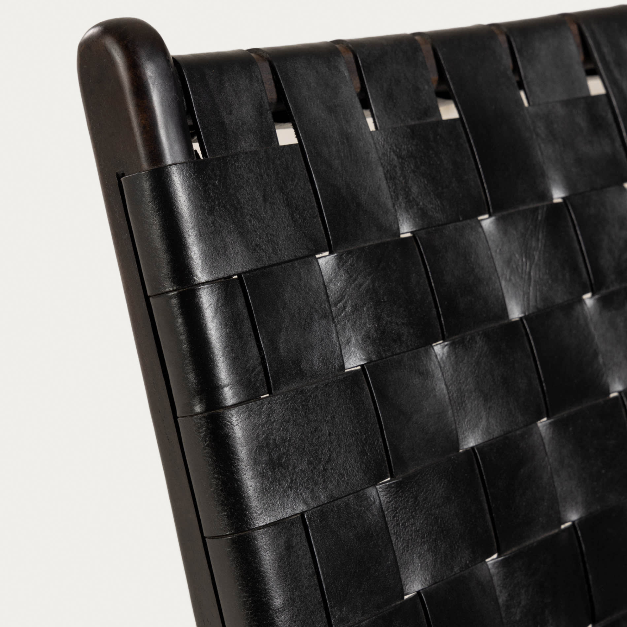 Black Full-Grain Woven Leather Lounge Chair Teak Side View - LuxoraCraft