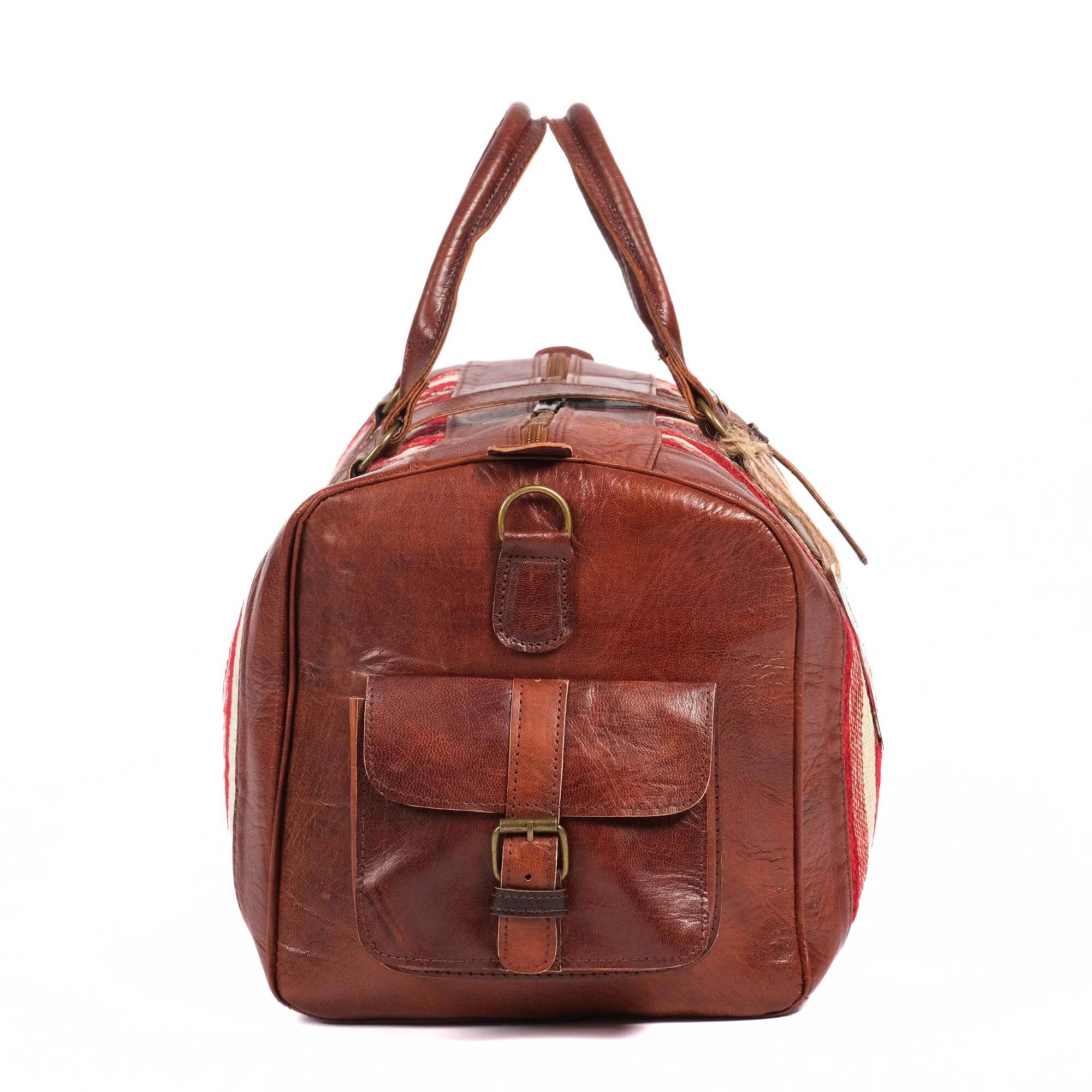 Artisan Brown Kilim Leather Travel Bag Morocco Authentic - LuxoraCraft