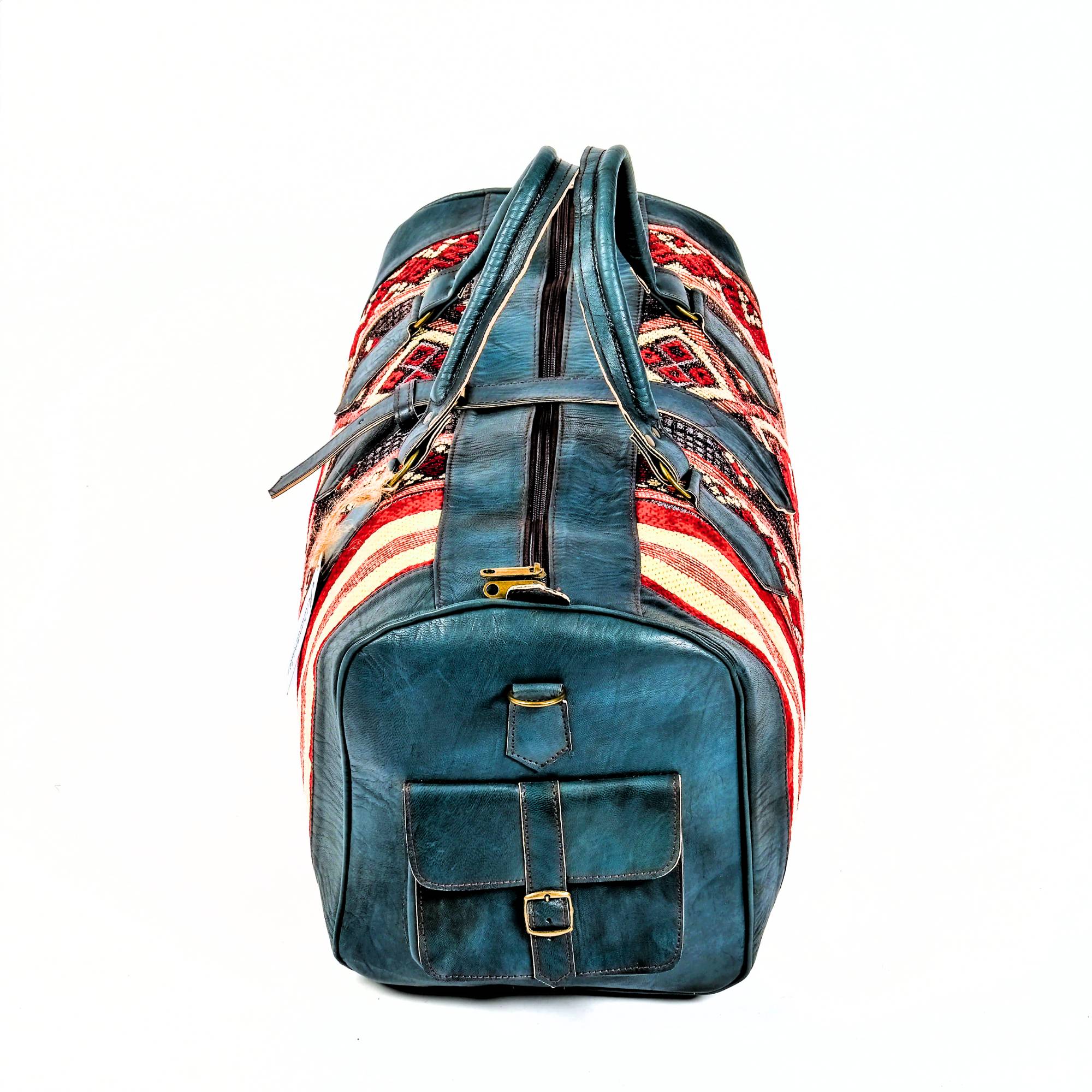 Blue Kilim Leather Weekender Bag Side View Marrakech - LuxoraCraft