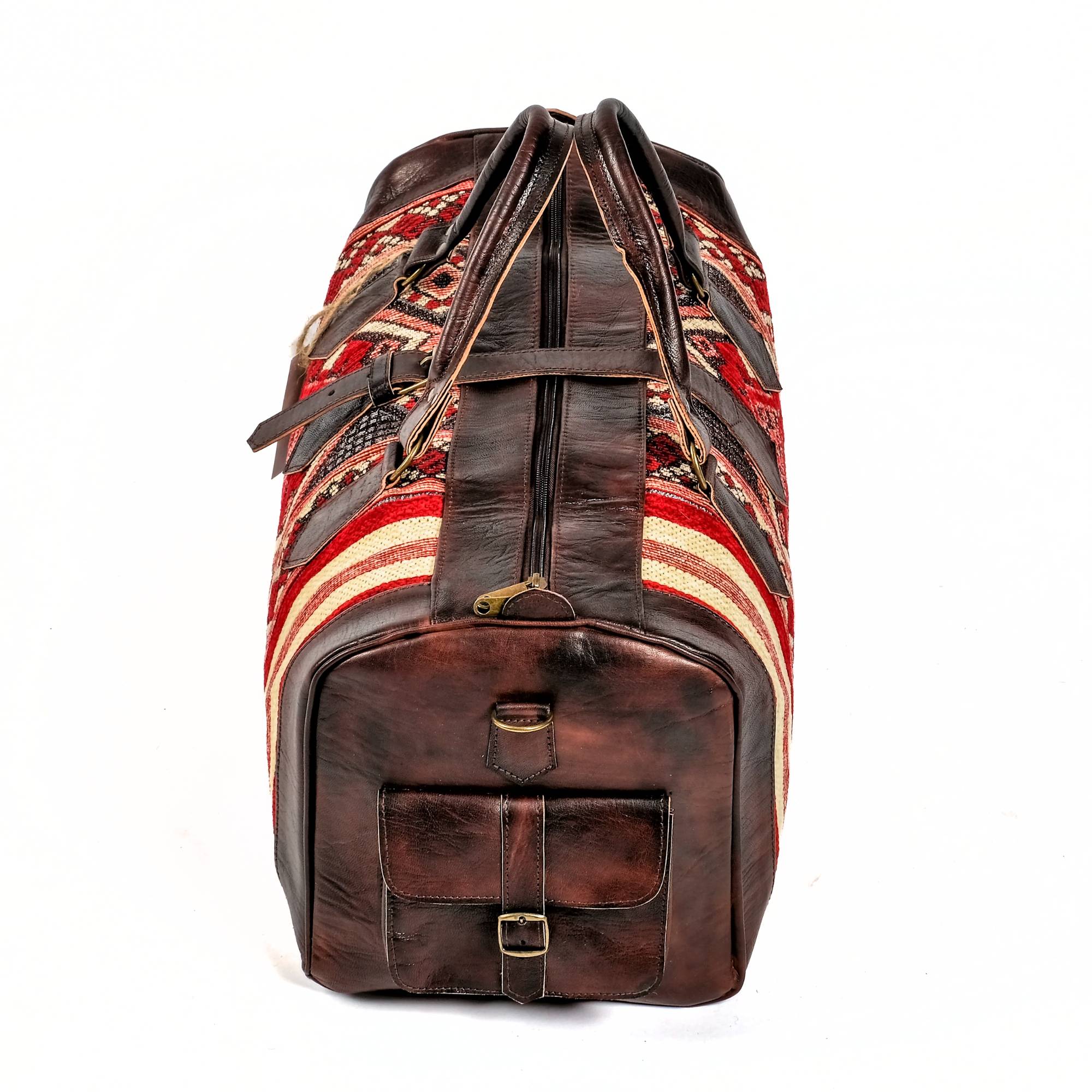 Dark Brown Kilim Leather Weekender Bag Marrakech Artisan - LuxoraCraft
