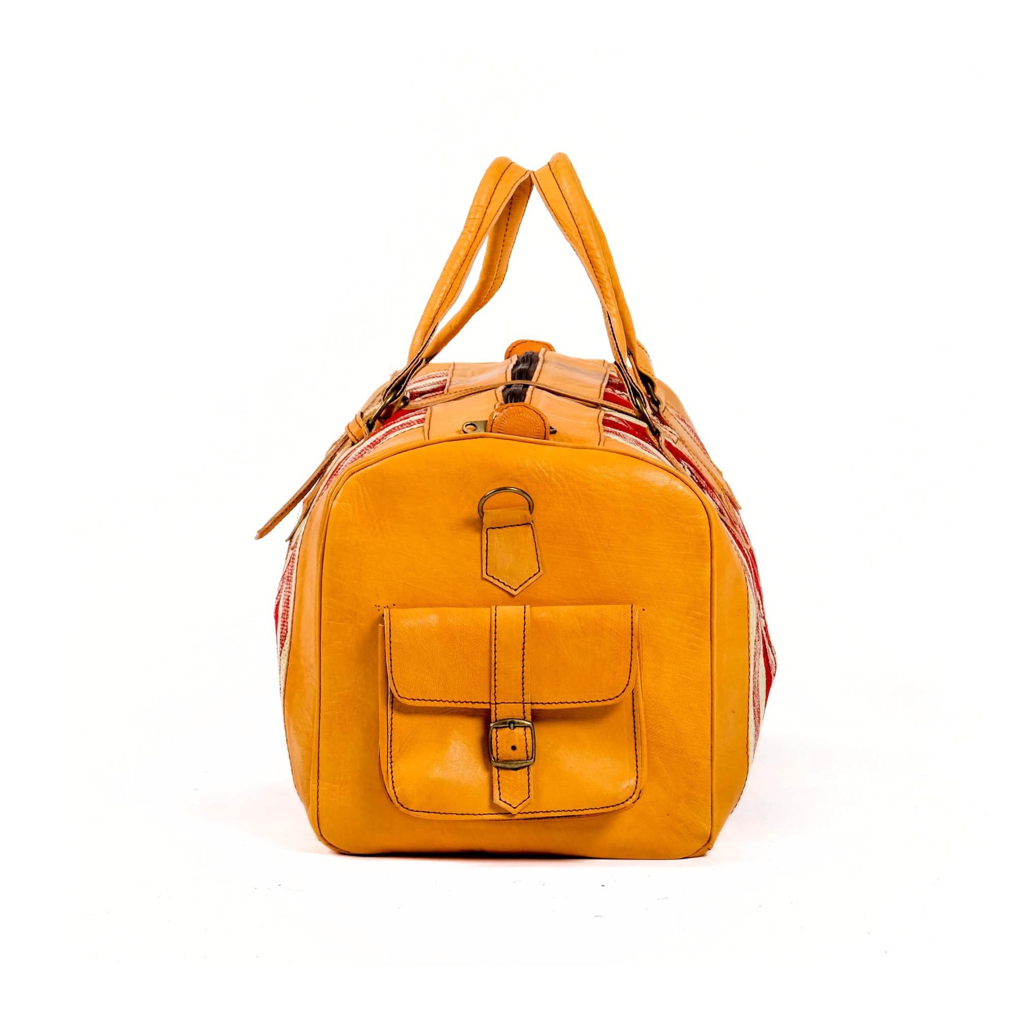 Mustard Kilim Leather Weekender Bag Artisan Made Marrakech - LuxoraCraft
