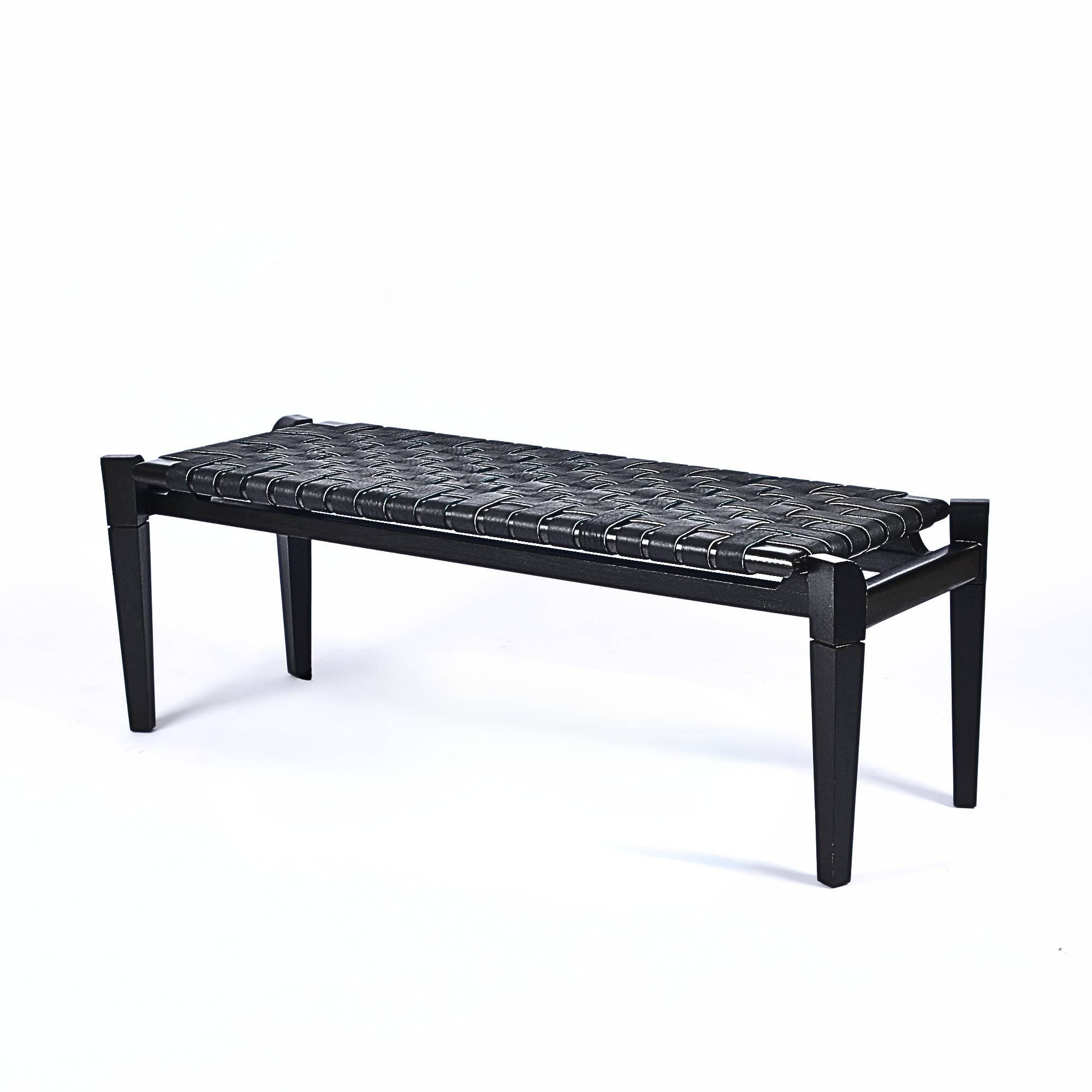 Leif Woven Leather Bench Black Strap Black Teak Wood - LuxoraCraft