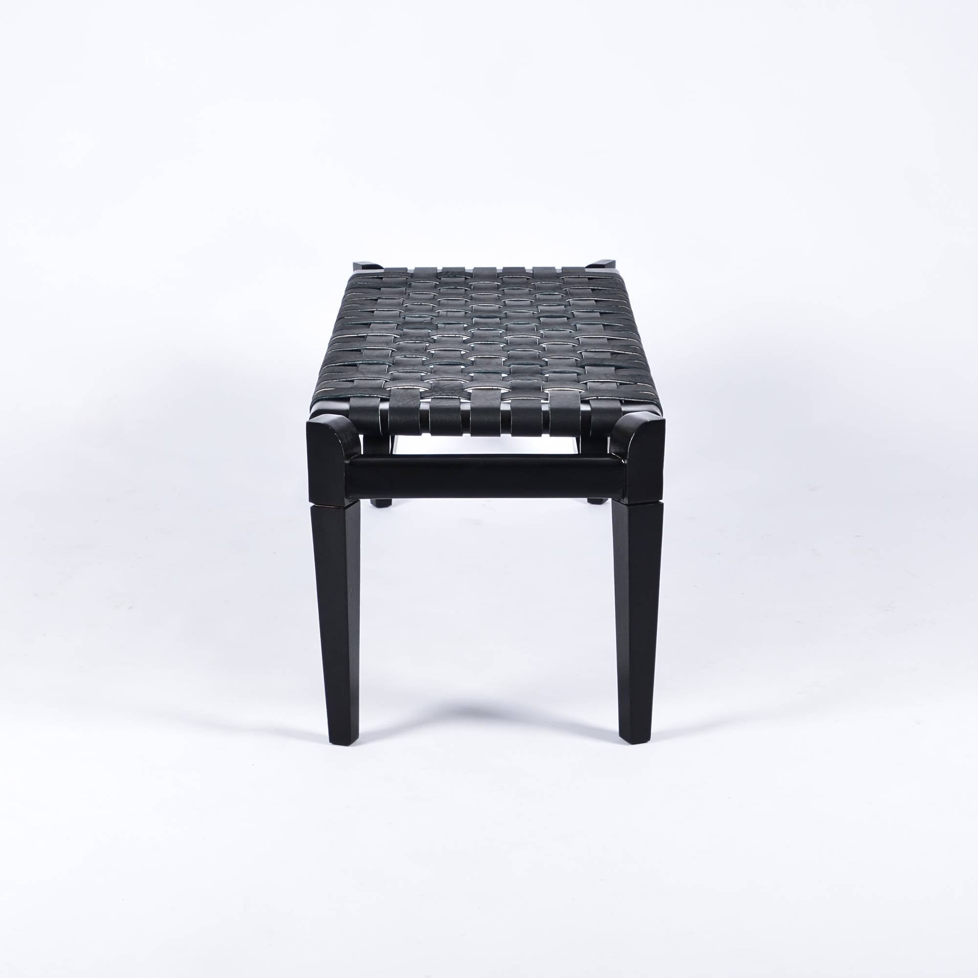 Leif Black Strap Woven Leather Bench Black Teak Wood - LuxoraCraft