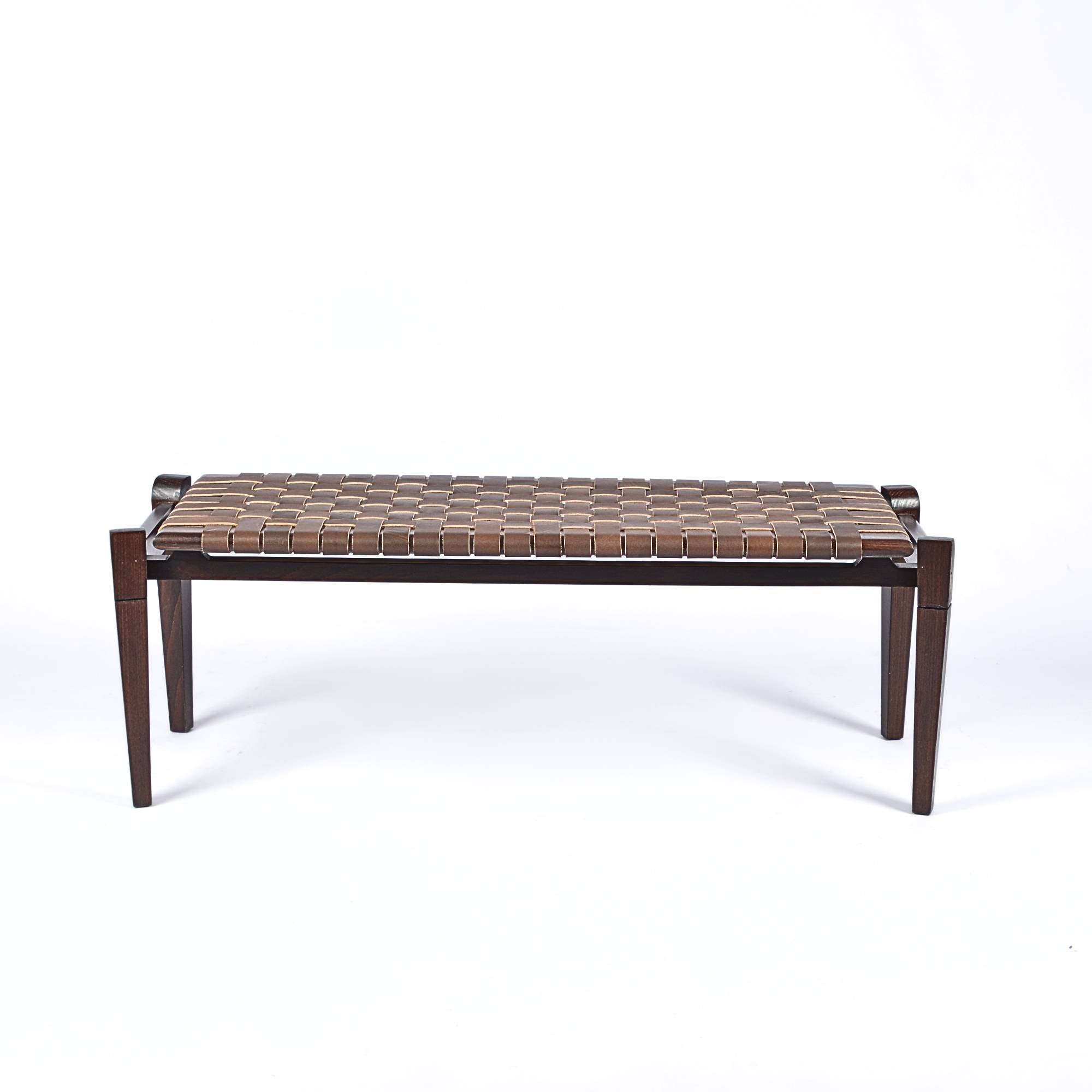 Leif Woven Brown Leather Bench Brown Teak Wood Side View - LuxoraCraft