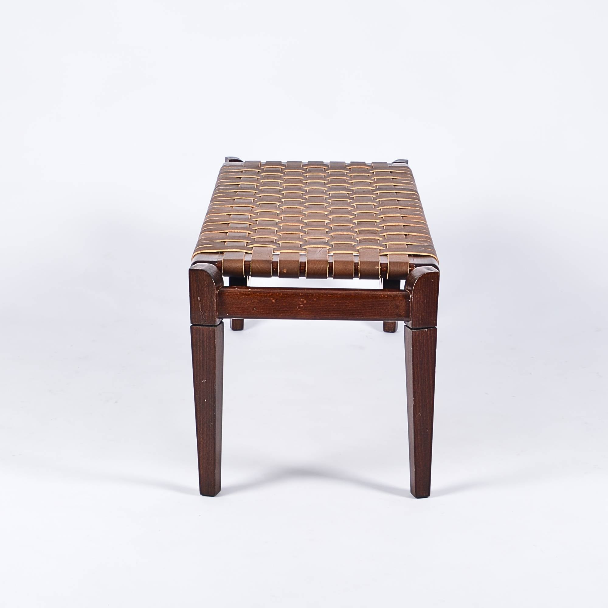 Leif Brown Teak Wood Woven Leather Bench Brown Strap - LuxoraCraft