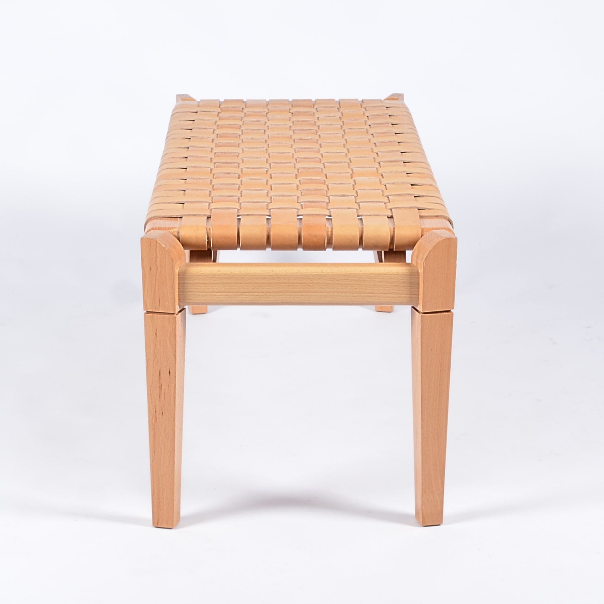 Leif Beige Leather Strap Bench Varnished Teak Handcrafted - LuxoraCraft