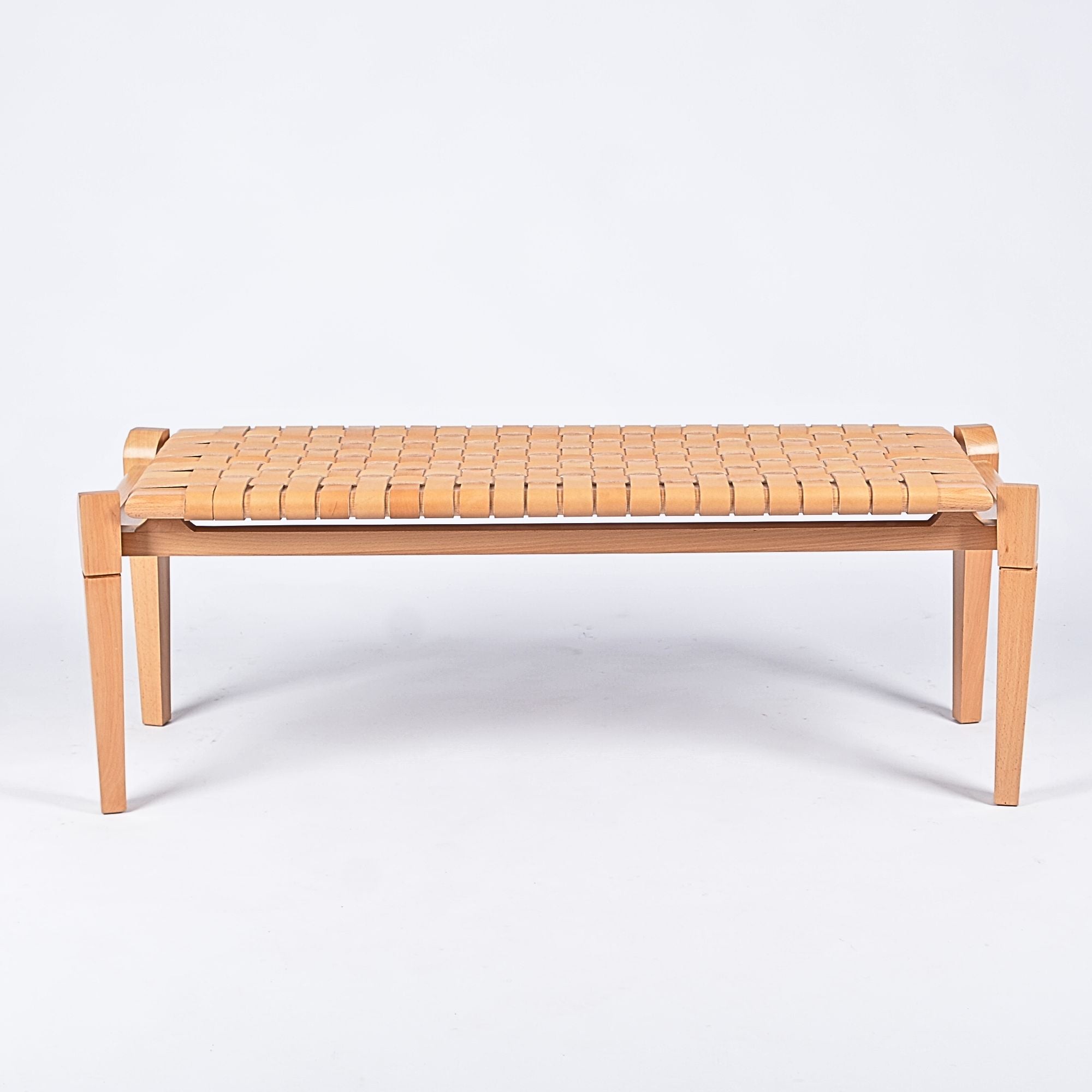 Leif Beige Strap Woven Leather Bench Varnished Teak - LuxoraCraft