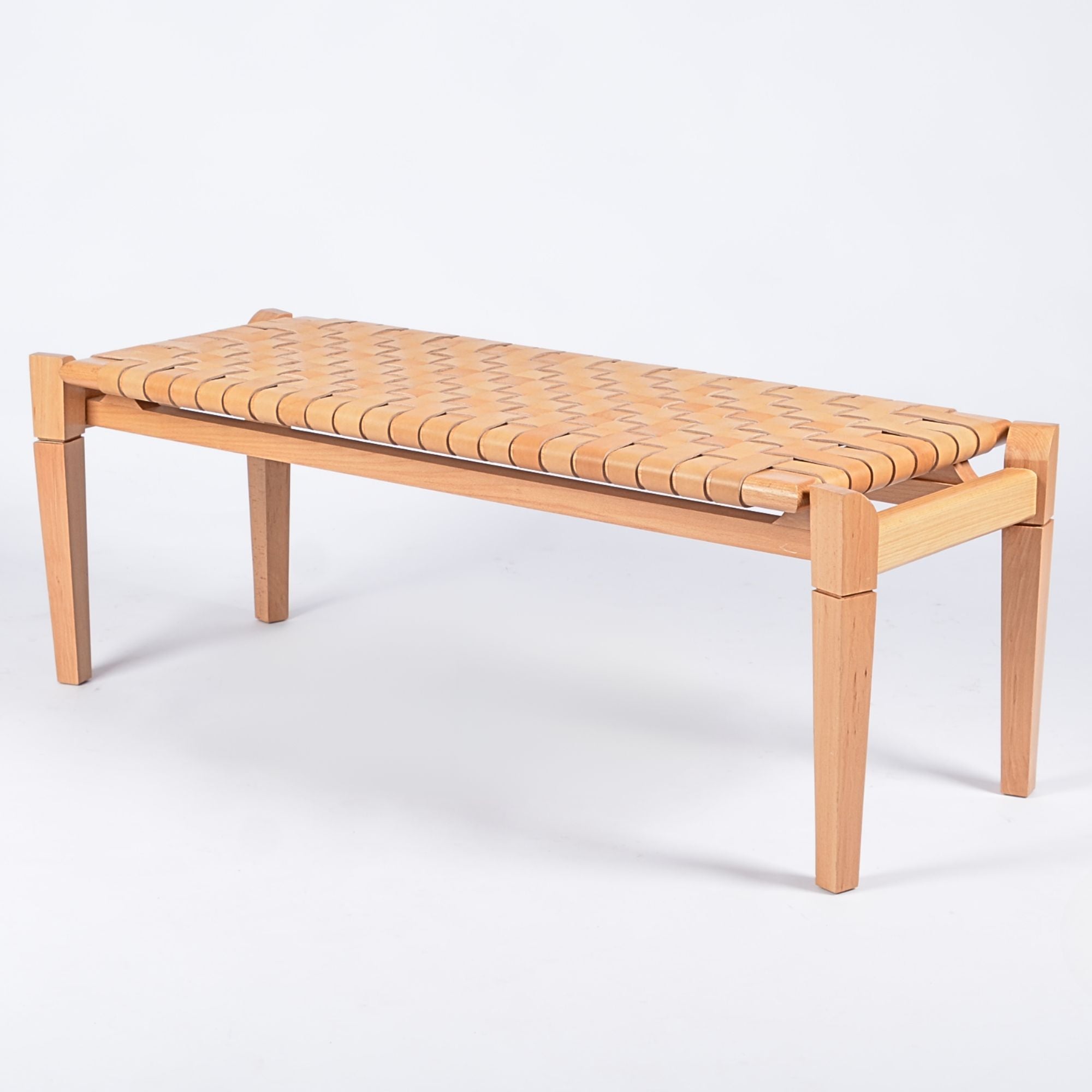 Leif Woven Beige Leather Bench Varnished Teak Wood Design - LuxoraCraft