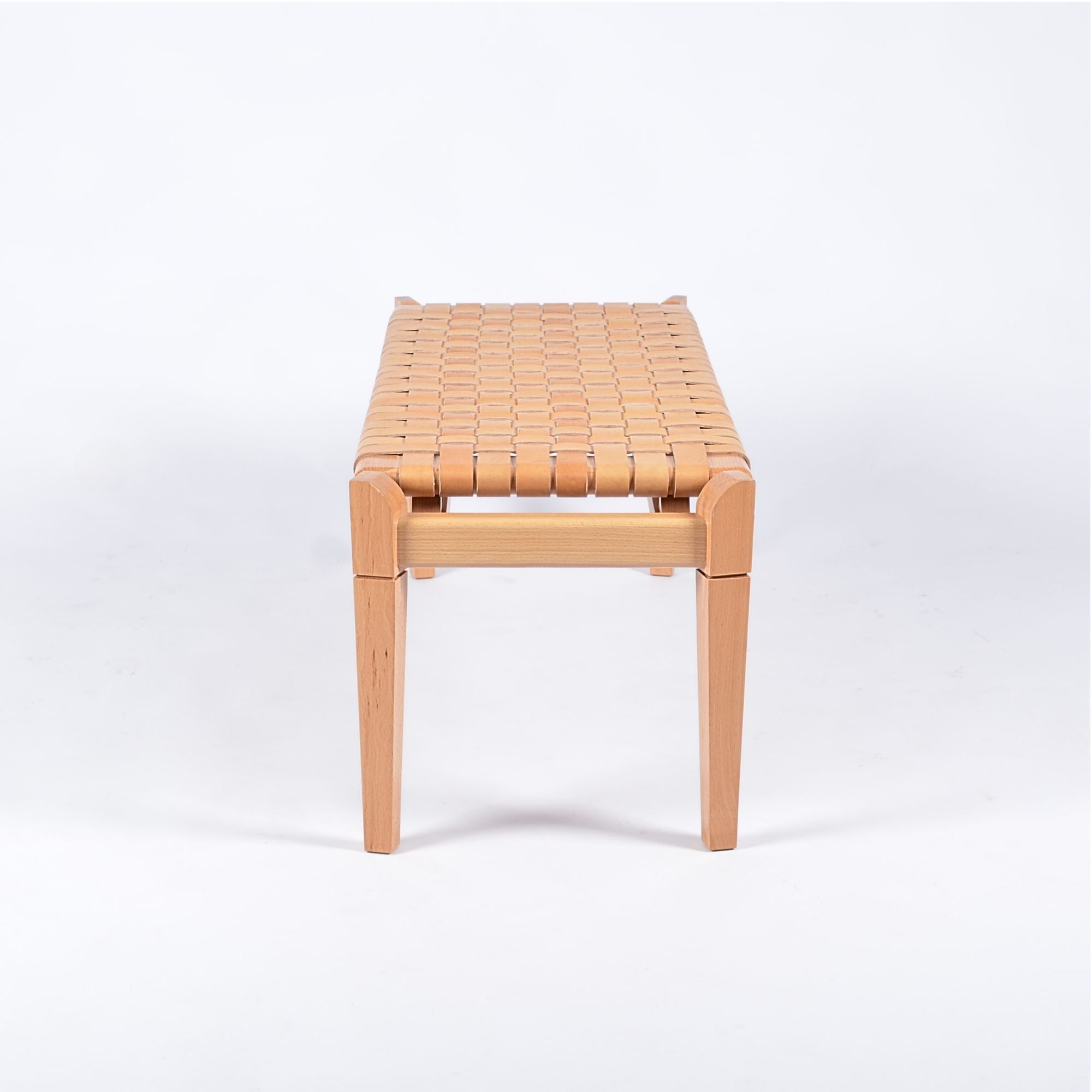 Leif Woven Leather Bench Beige Varnished Teak Side View - LuxoraCraft