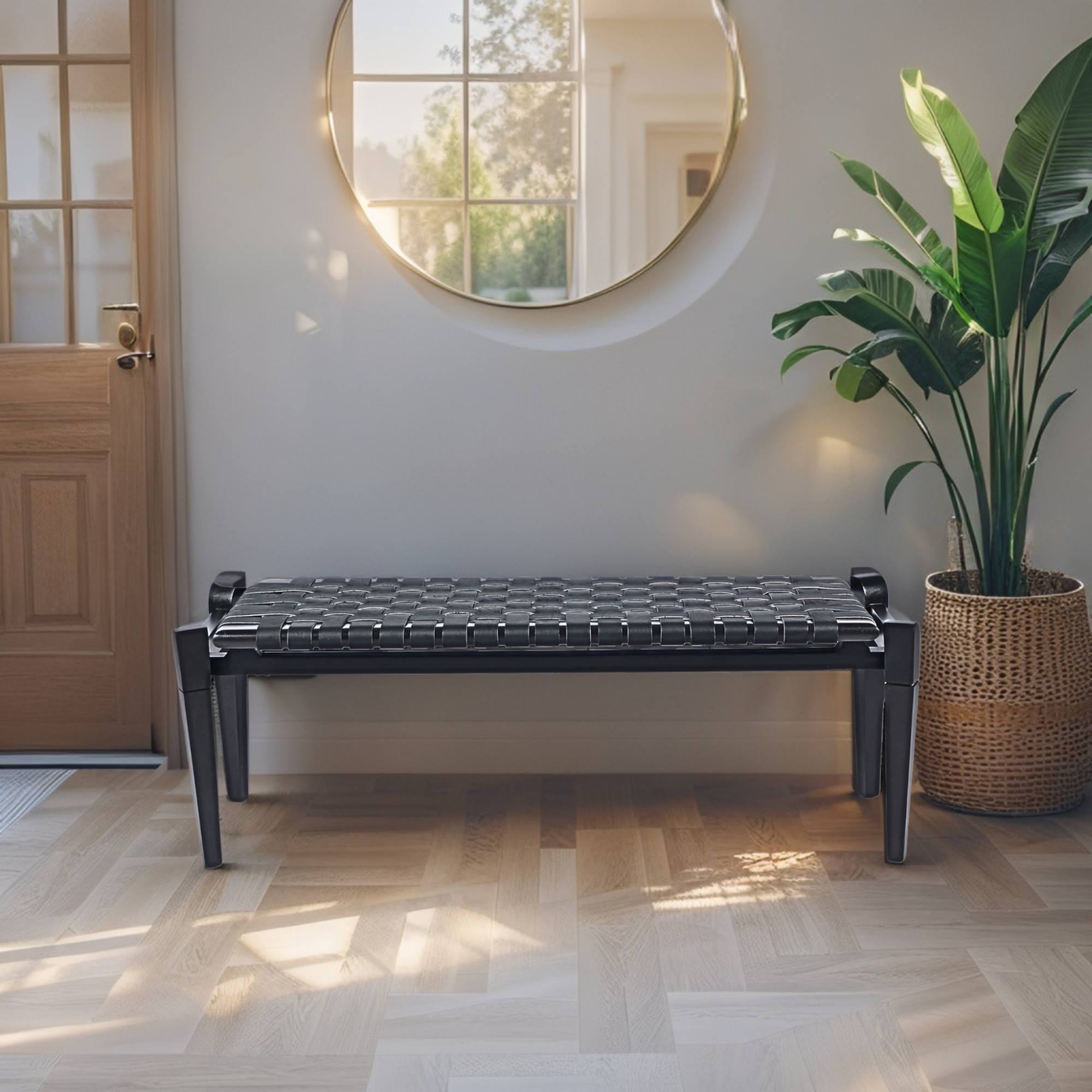 Woven Leather Bench – Black Strap Leather Seat on Black Teak Wood Frame