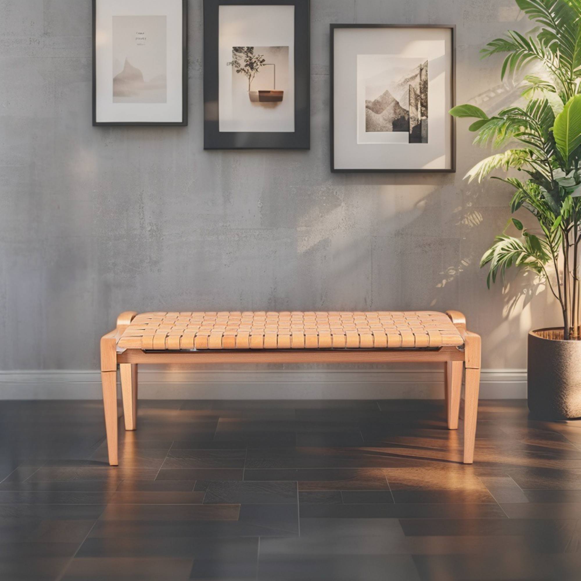 Woven Leather Bench - Varnished Teak Wood With Strap Beige Leather