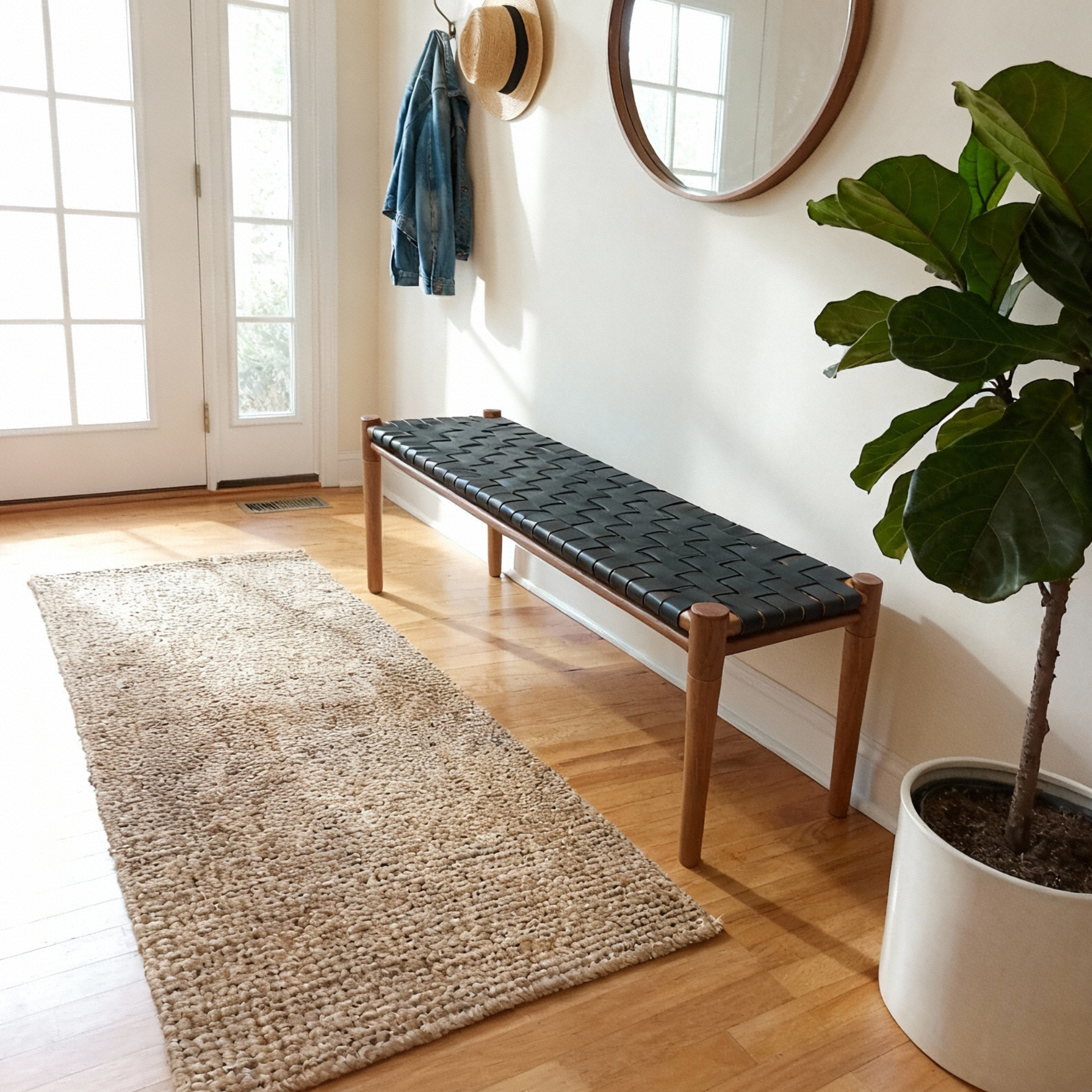 Mira Woven Leather Bench – Brown Finish Teak & Black Leather