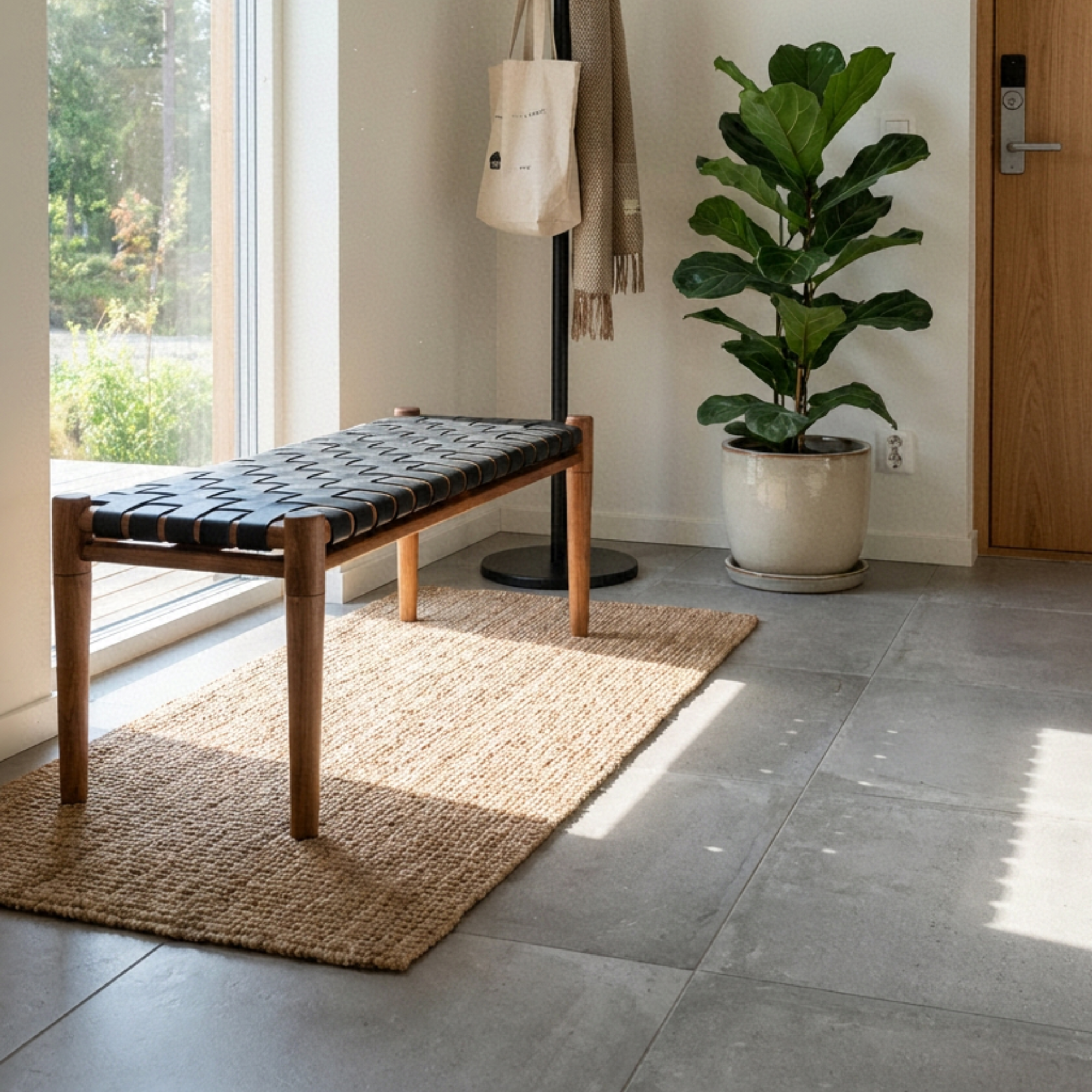 Mira Woven Leather Bench – Brown Finish Teak & Black Leather