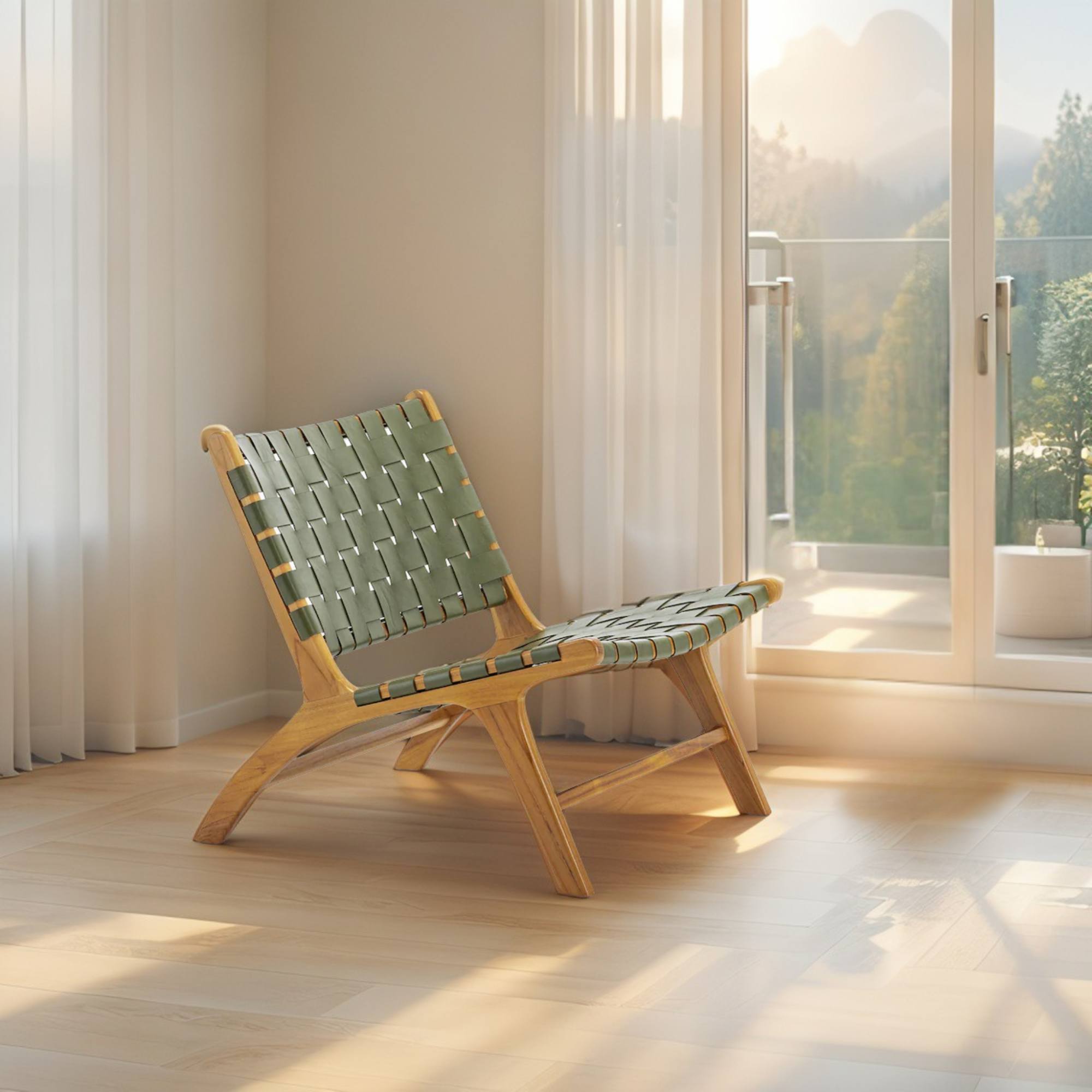 Olive Green-Woven Leather Lounge Chair