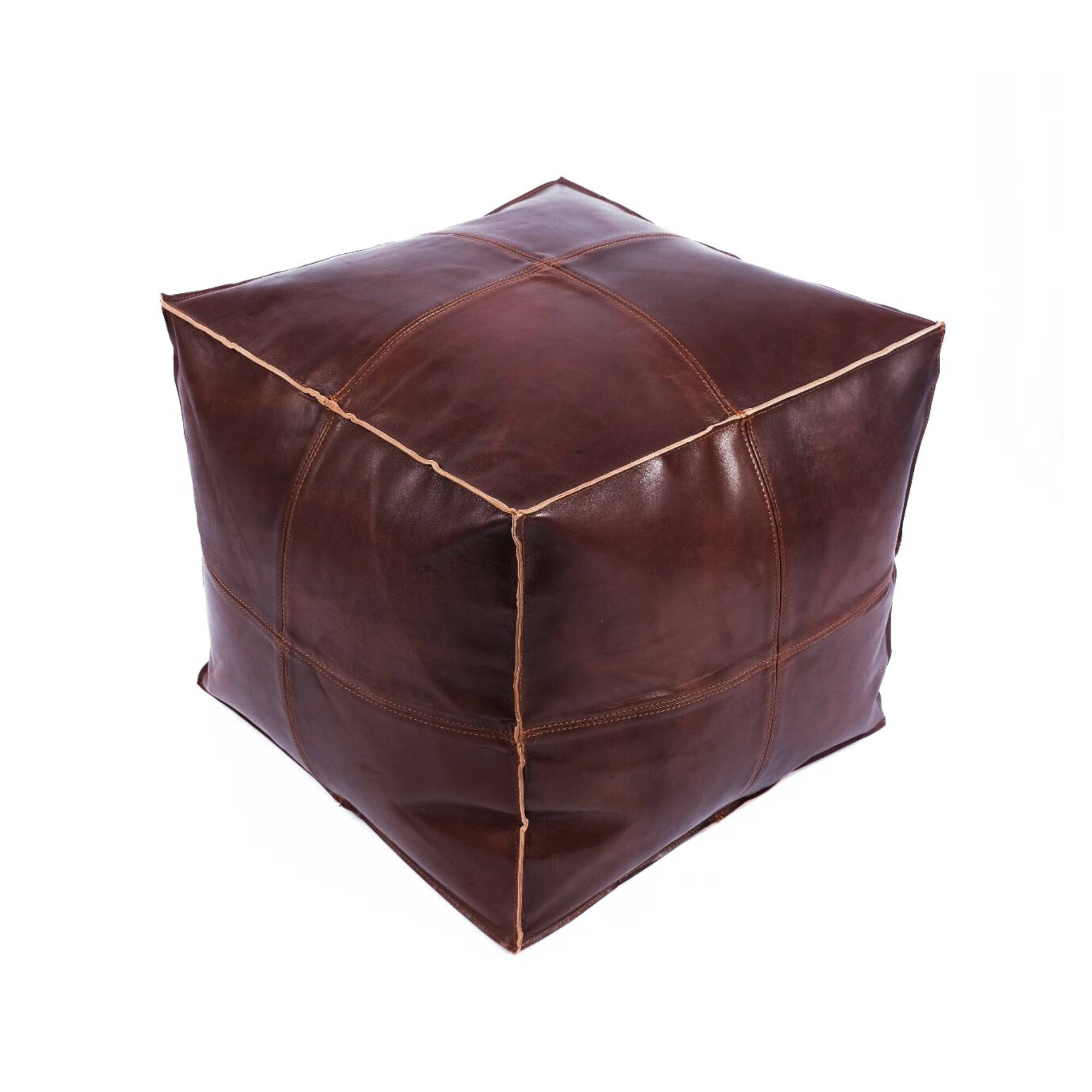 Dark Brown Square Leather Pouf Ottoman Side View - LuxoraCraft