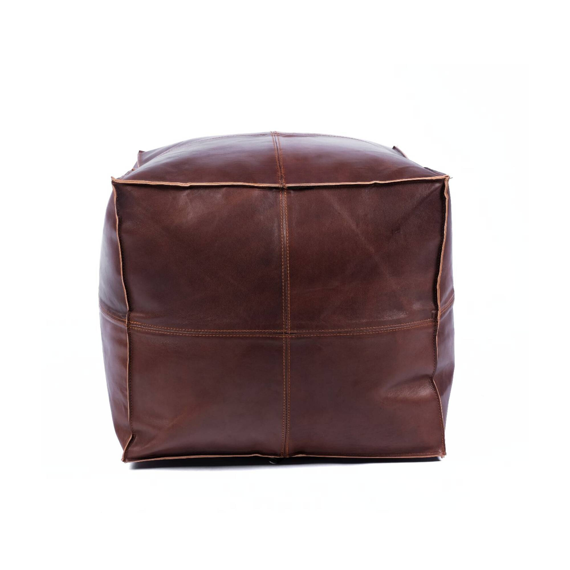 Dark Brown Square Leather Ottoman Pouf Front View - LuxoraCraft