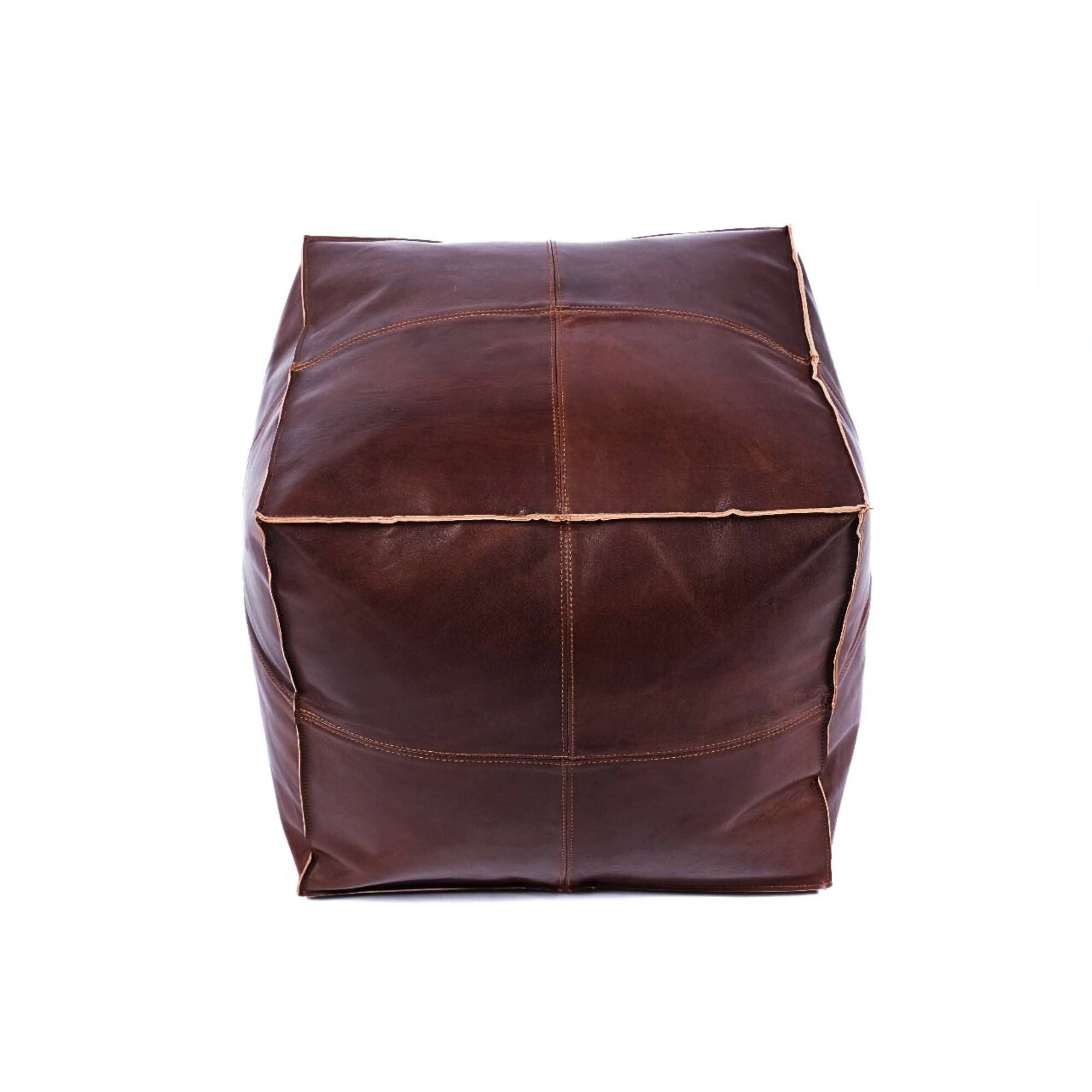 Dark Brown Square Moroccan Leather Pouf Detail View - LuxoraCraft