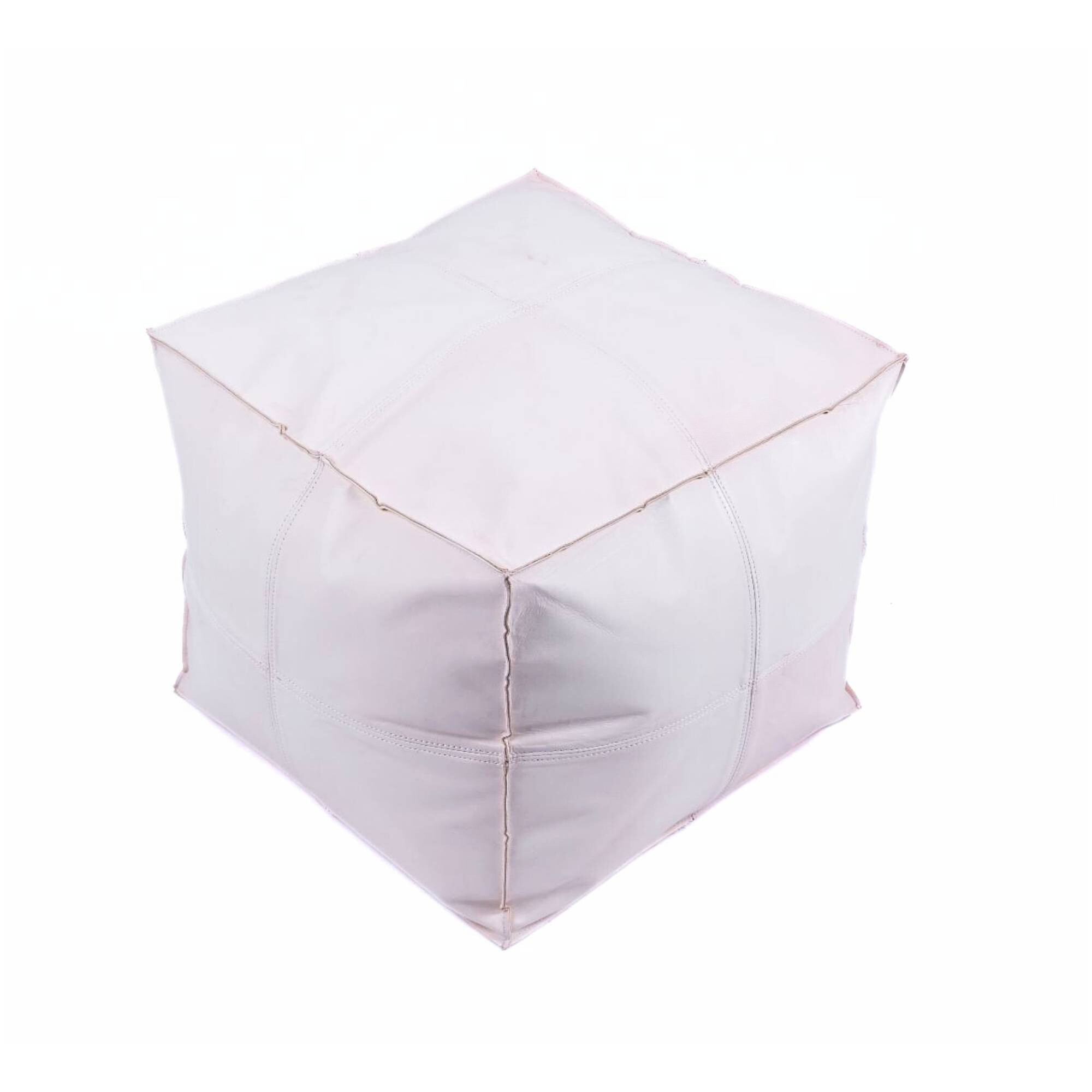 White Square Leather Pouf Ottoman Side View Moroccan - LuxoraCraft