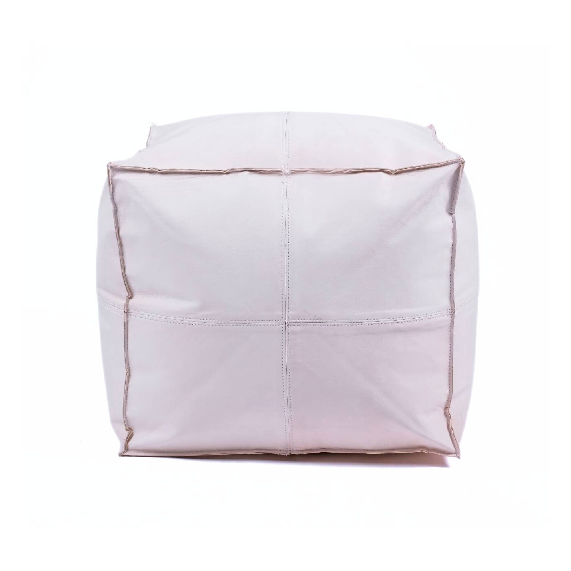 White Square Moroccan Leather Pouf Detail View - LuxoraCraft