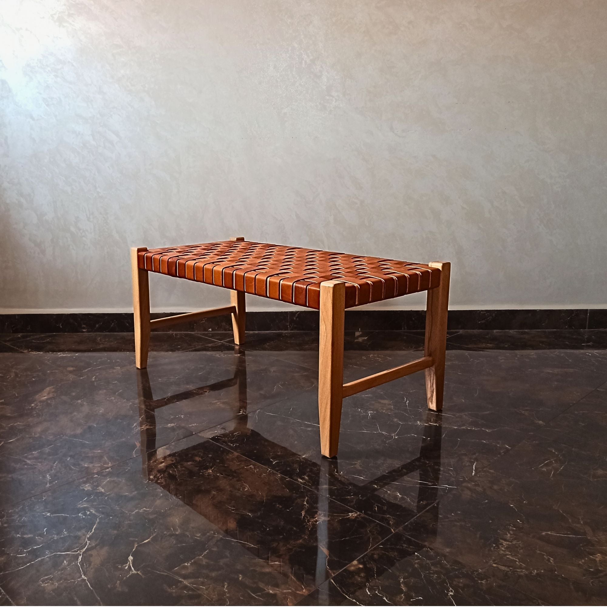 Ragnar Woven Leather Bench Cognac Strap Varnished Teak Wood - LuxoraCraft